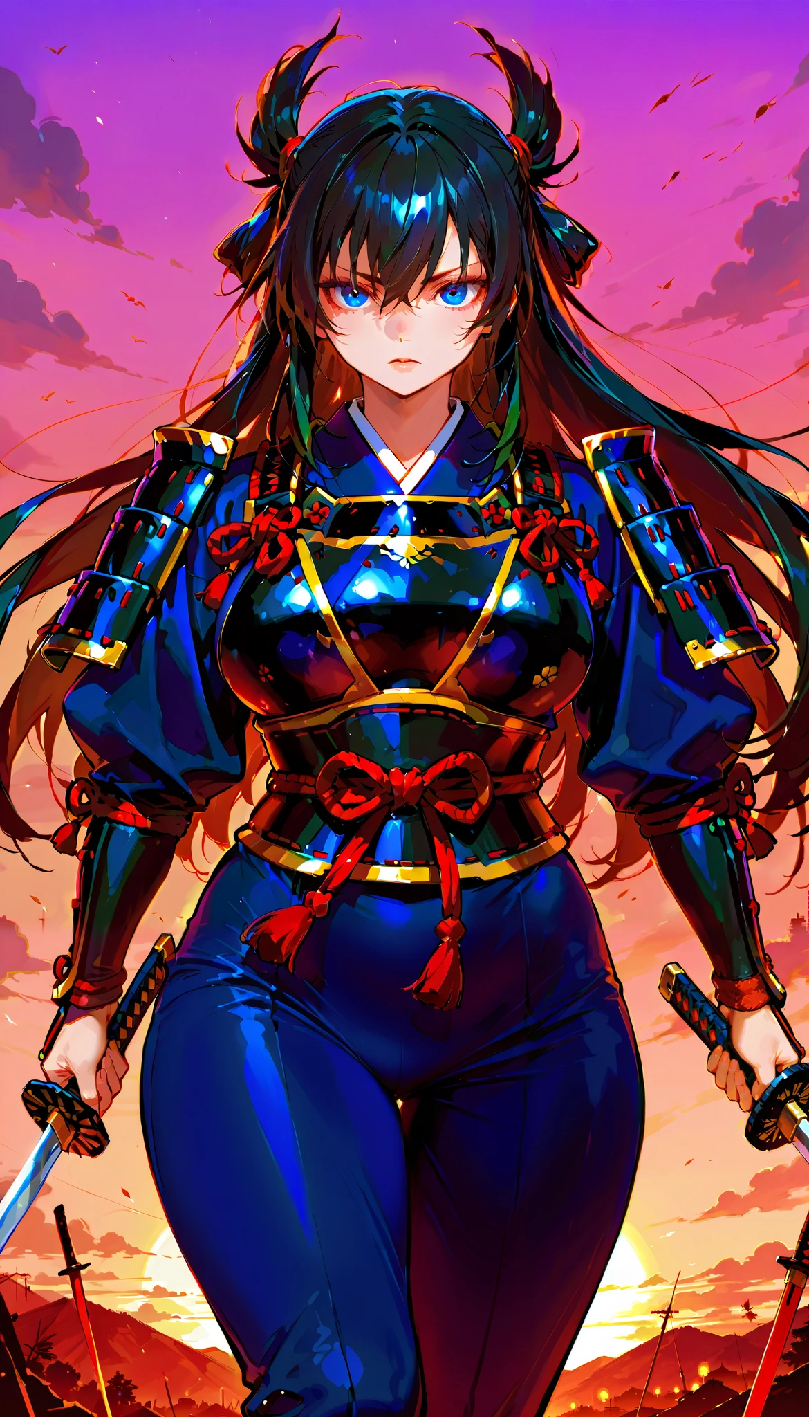 score_9, score_8_up, score_7_up,(hi-quality,high resolution), hime samurai,black hair,
Flying hair,long hair,parfect eyes,clear eyes,japanese armor,arms front,holding a sword,(curvy body:1.3),from front,sunset