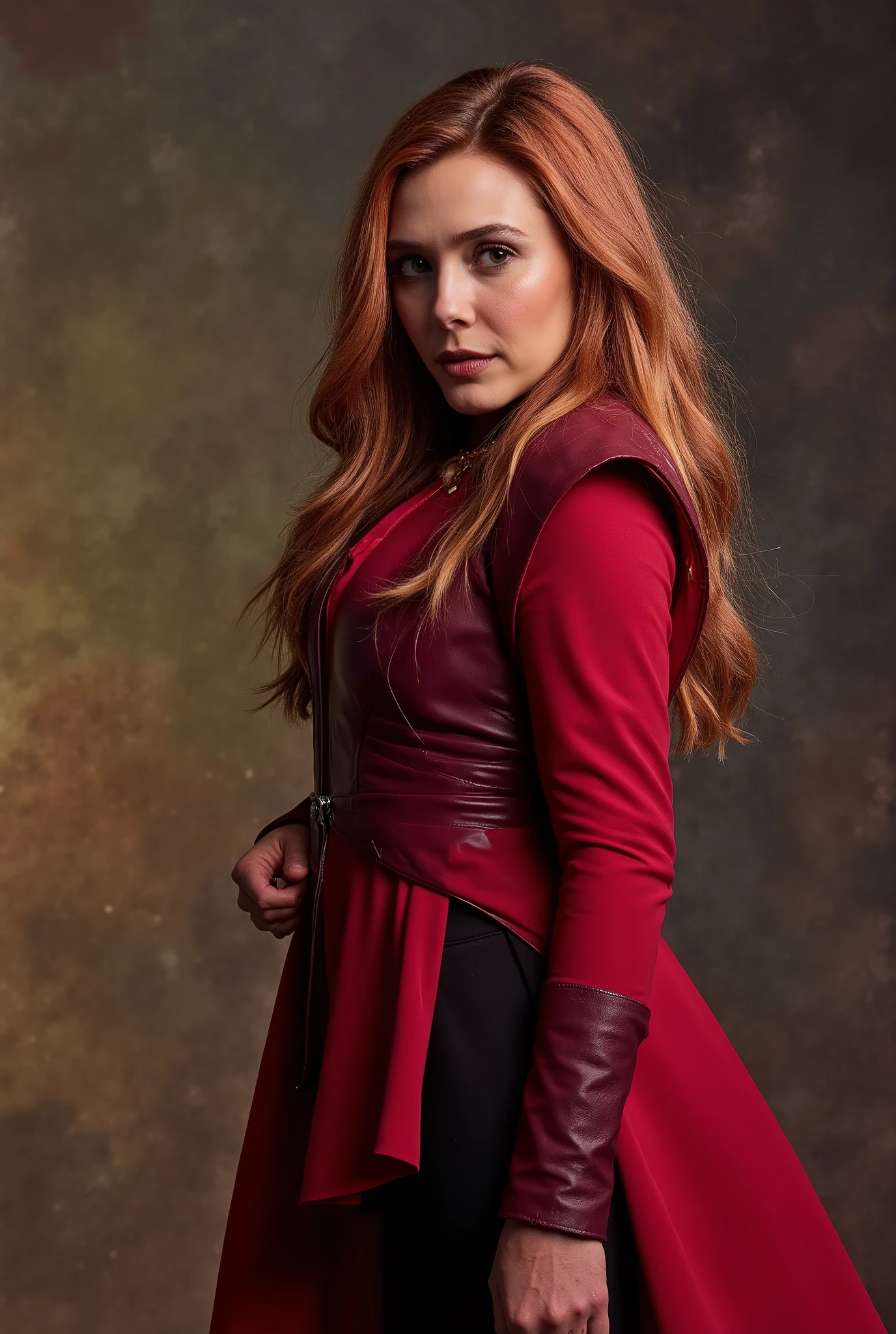 ((Marvel Cinematic Universe character Scarlet Witch:1.5)),  Scarlet Witch suit,  Scarlet Witch outfit,  Scarlet Witch cosplay