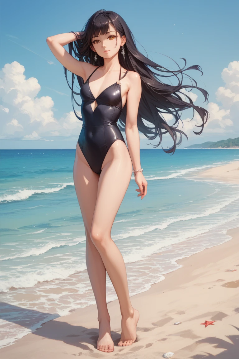 masterpiece, best quality, hyperrealistic, cinematic photo, woman,pale skin, japanese amazing slim body, black bikini, bare foot, wavy black hair, large legs, wide hips, perfect hands, beautiful face, perfect face, pretty japanese, youthful, smile, big eyes, (blured background), modern style, from below, (low-angle shoot), low_angle_human, kneeling, (view viewer), looking at viewer, front footage, (8k, epic composition, photorealistic, sharp focus), sophisticated background, beach, underneath, sunlight, sun rays, DSLR, foil grain