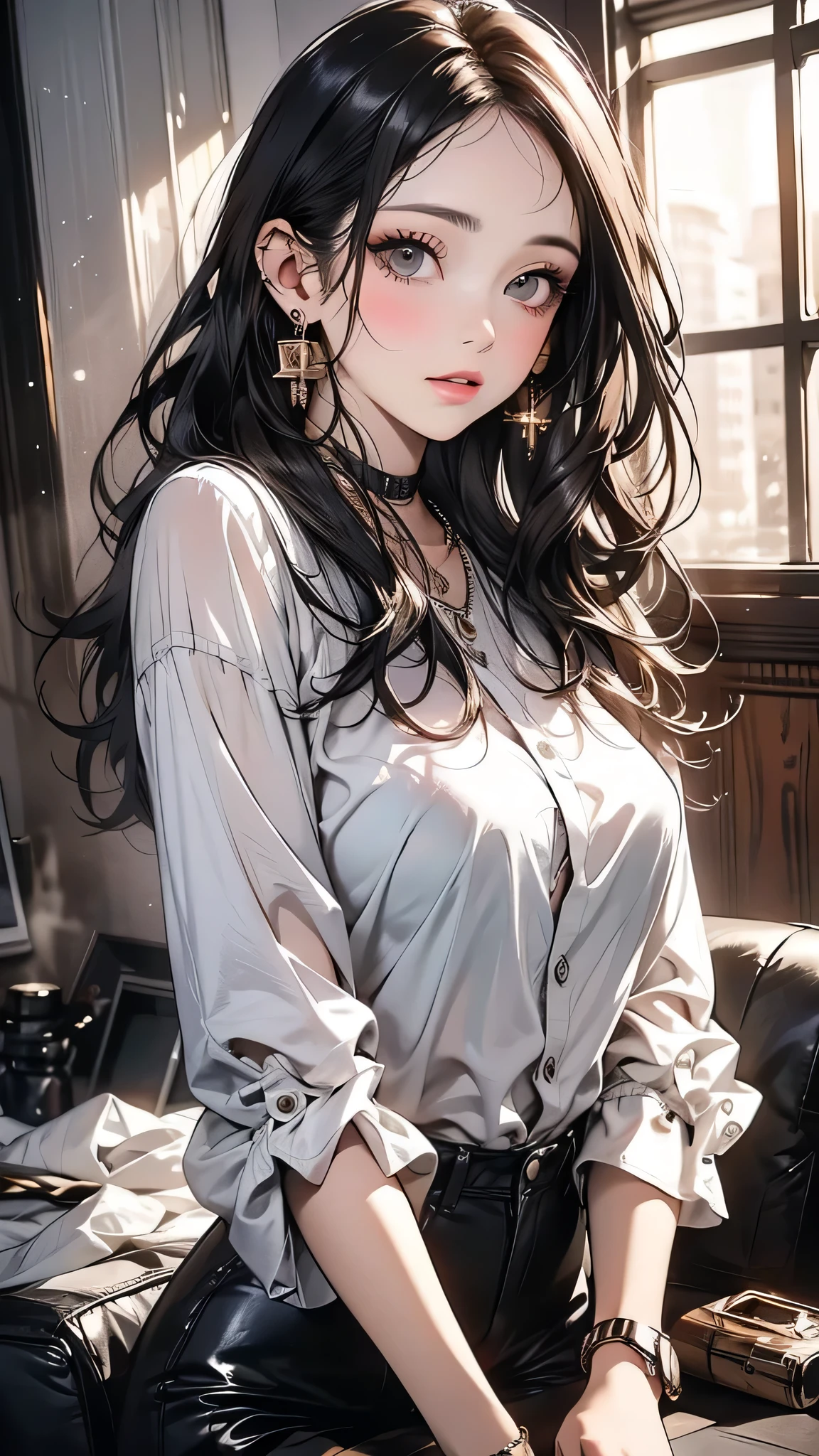 Anime girl with long black hair sitting on a bed - SeaArt AI