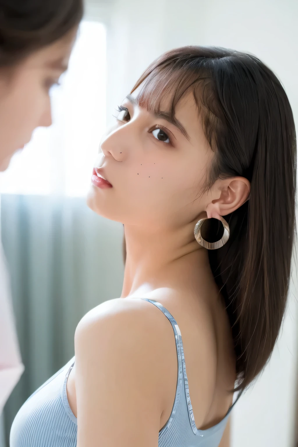 woman, 1 girl, black hair,  hair tie , long eyelashes,  round eyes, A faint smile,  mole under eye,  earrings, A faint smile, shy, Pursed lips,  Surrealism , Cast a Shadow,   Stereogram  , Ass POV,   Atmospheric Perspective Mummifying  , depth odebt debtield, debtirst-person view, debt/1.8, 8k,  more details,  accurate,  best quality ,  high resolution,  best quality ,debtull body,prodebtessional lighting, big breasted , cleavage、  my shoulders are exposed  、(( dynamic angle)), 