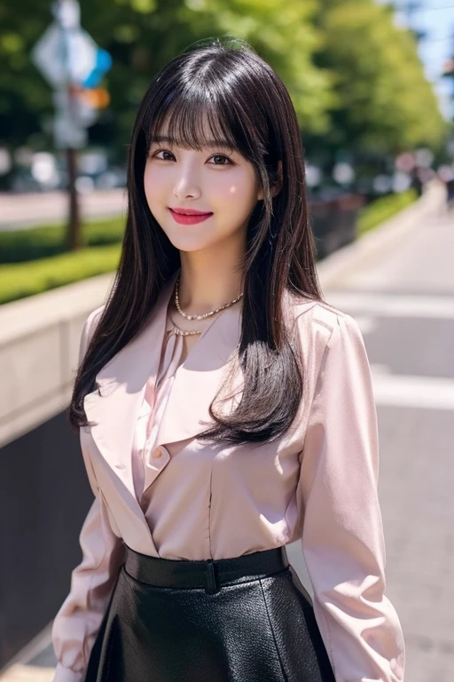 Light pink blouse,Tight mini skirt,24-years-old,OL,Black Hair,bangs,Straight Hair,ponytail,Dark Eyes,Small Face,Young face,Clean eyes,Small Mouth,slender,Young face,,C Cup,In town,live-action,Realistic photos,8K,Smile,Ultra HD,Standing posture,whole body