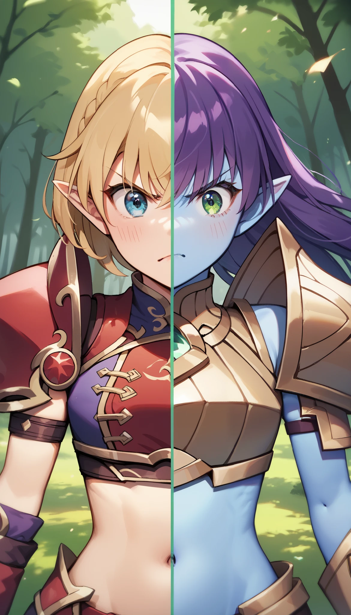 masterpiece, best quality, SplitScreen, split screen, forest background, pointy ear, BREAK 1girl, right side, right Blonde hair, right Green eye, right Red armored crop top, gold trim, right red shoulder pad, natural skin tone, slender body, navel, angry expression,
masterpiece, best quality, SplitScreen, split screen, forest background, pointy ear, BREAK 1girl, left side, left Purple hair, left Blue Eye, left dark Purple armored crop top, Gold trim, left dark Purple shoulder pad, blue skin tone, slender body, navel, angry expression,