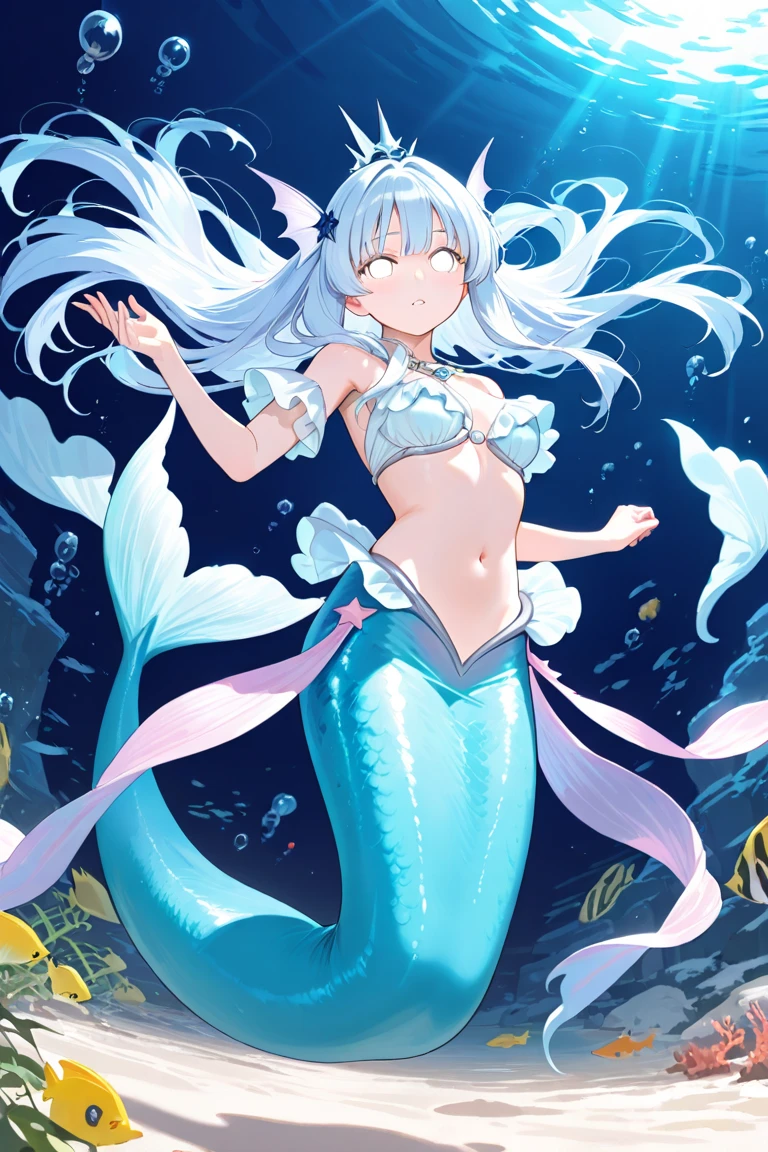 (best quality,4k,8k,highres,masterpiece:1.2),ultra-detailed, Pretty anthropomorphic albino mouse girl magically transformed into a beautiful mermaid, race swap, fantastic transformation, sharp teeth, is smiling, drawn in anime style, steampunk, fishlike, wet body, very long curly white hair, red eyes with long eyelashes, white fur, slim body, whiskers, mouse ears with pearl earrings, long mermaid tail below waistline with shimmering cyan fish scales, pelvic and dorsal fins, a pair of fish gills on her torso, seashell bra, pearl bracelets, pearl necklace, joyful expression, playful mermaid poses, sparkling water, water reflections, ethereal atmosphere, subtle glow, whimsical and enchanting, checking her new body, underwater world, colorful coral reef, magical underwater lighting, vivid colors, breathing underwater, endless ocean depths, sunlight filtering through the water, Highly detailed, masterpiece, high quality, 4K.