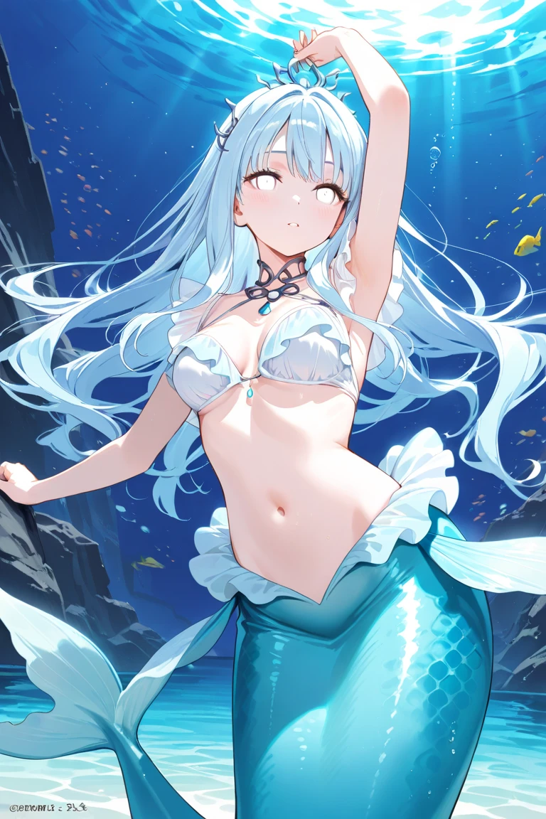Aqua (Konosuba), long hair, blur hair, blue eyes, mermaid, blue mermaid, underwater, sea, full body, cleavage, bra, smile, happy face, blush,