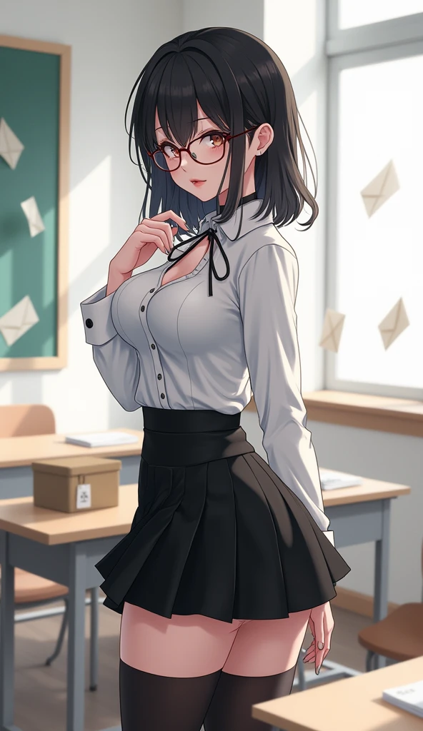 (masterpiece; best quality: 1.2), (finely detailed eyes: 1.3), ((25 year old woman)), ((solo)), (red eyes: 1.4), (body; gorgeous, soft, femenine: 1.3), (silky black hair + low ponytail: 1.3), (beautiful and clear background: 1.2), ((depth of field)), (equipment: white open labcoat + black shirt + white necktie + black long pencil skirt + black pantyhose + black square glasses: 1.3), (anime illustration: 1.2), (background composition; japanese highschool classroom + furniture: 1.1), (extremely fine and beautiful: 1.1), (shot composition; standing + centered on torso + close-up: 1.5), (expression; calm, stoic: 1.2)