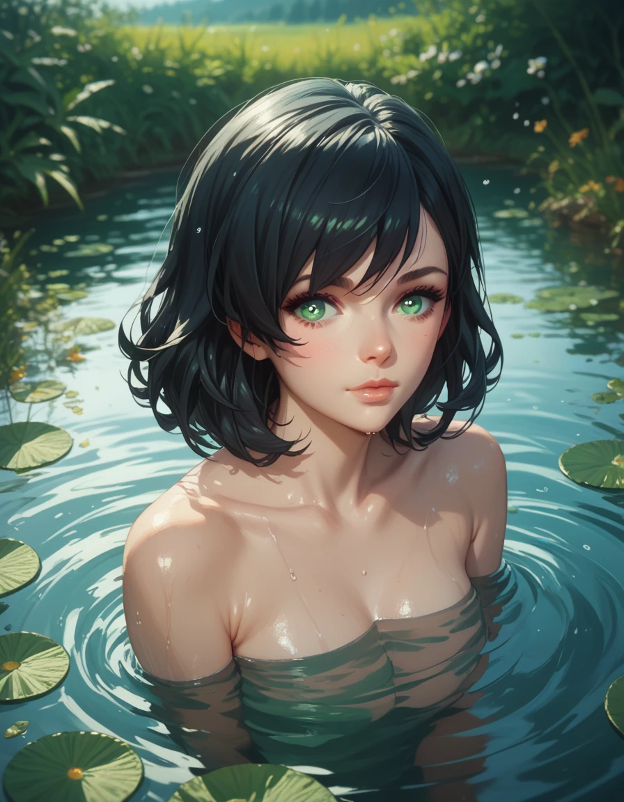 Best quality, masterpiece, super high resolution, a super model soaking in a hot spring in Japan, outdoor hot spring, stone hot spring, surrounded by moss and trees, super beautiful face, pure body, clear pores visible, (smile:0.8), wearing split (lace bandeau:1.2), (realism:1.5), original photo, soaked body, covered in sweat, bare shoulders, in the dark, deep shadows, low-key, cold light