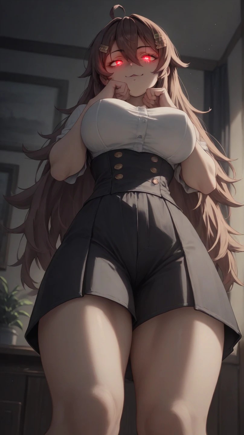 High Resolution, Masterpiece, Best Quality, High Details, 1girl, Solo, Long Hair, Depth Of Field, Hair Clip, dimly lit background, living room, tsurime, glowing eyes, red eyes, Heart-Shaped Pupils, Naughty, Naughty Face, Large breasts, wide thighs, Hair Between Eyes, Brown Hair, Ahoge, From Below, standing, hands cupping cheeks, 