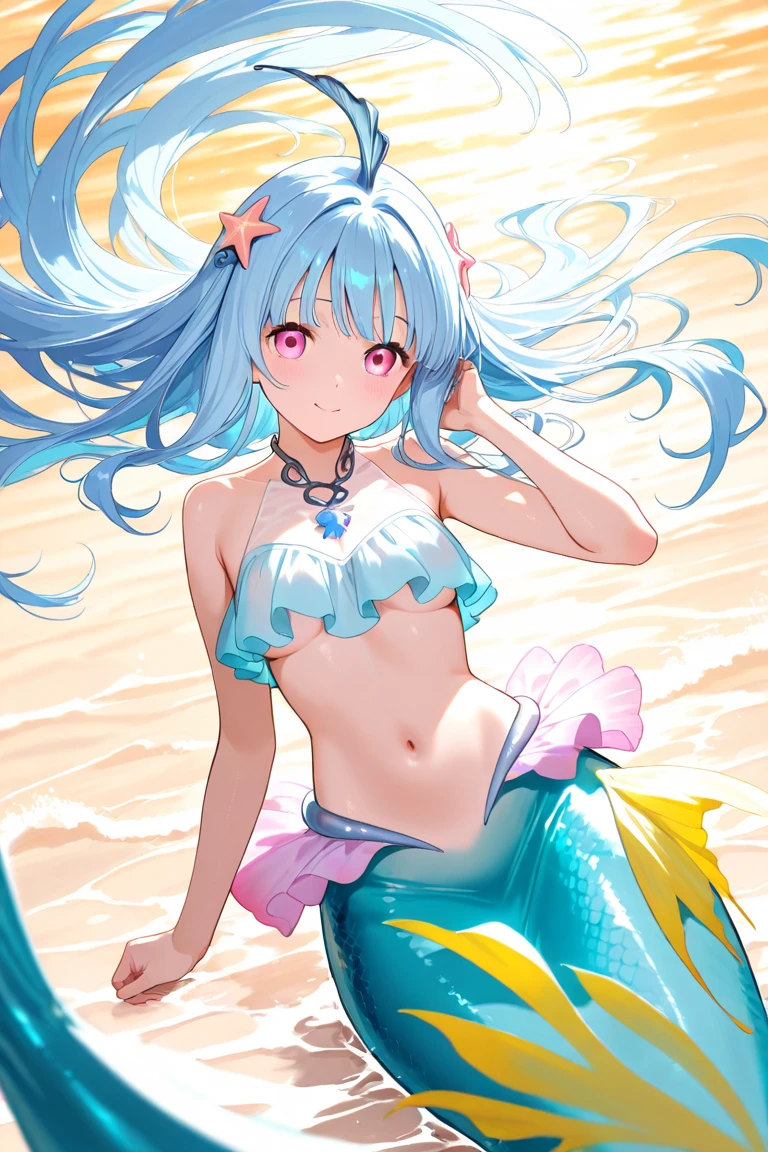 (mermaid girl:1.2), (1 person:1.2),(10 year old girl)、young girl、big breasts、 nffsw、shader、highly detailed eyes、long straight hair、blue hair、underilky hair、ultra-intricate pupil in eyes、highest quality、bright colors、Bust 100、mermaid figure(upper body naked、A shirt that only covers the chest、The lower body is a fish body、Beautiful scales)、Standing picture of the game、turn one&#39;s body sideways、View from the side、Stirring composition、Composition looking up from below、Lift your with your hands、Pose that emphasizes the chest、fold your arms、grinning expression、eyes half closed、open your mouth、evil face、Bullish smile、fold your hands behind your back、Hide your hands、evil smile、whole body、beautiful、in water、seabed