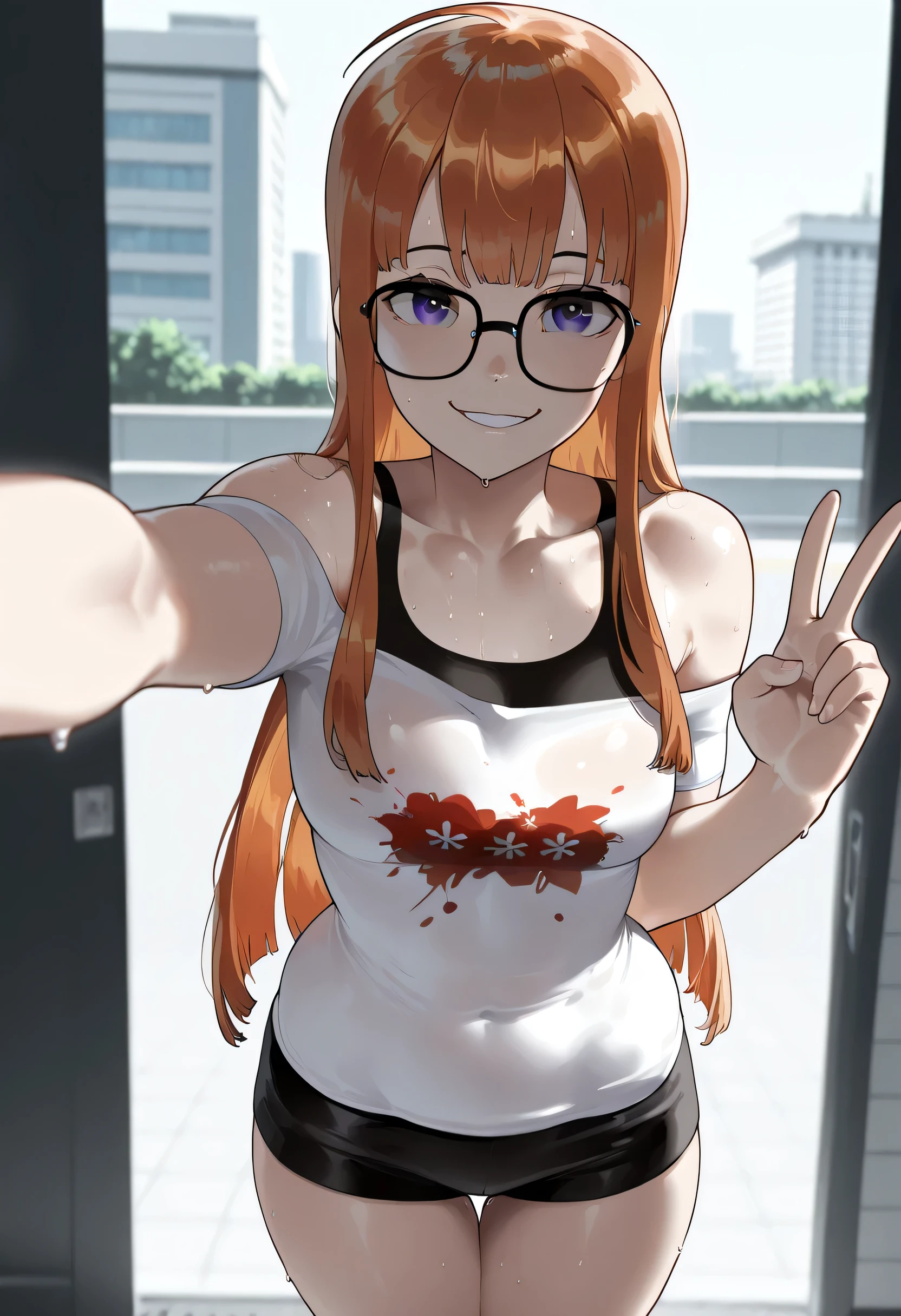 masterpiece,best quality,amazing quality, 1girl, (Sakura Futaba, Long hair, orange hair, purple eyes, 5'1", black glasses). S Selfie, peace sign with hand, 8k, thighs, shibuya From Japan, Background buildings, neon lighting, anatomically correct body, Medium breasts, pose sexy, detailed face and eyes, solo, Slim body, Centralized, Looking at the viewer, smiling, Strong light from the front, Sunbeams, Skinny
Body sweating, NSFW