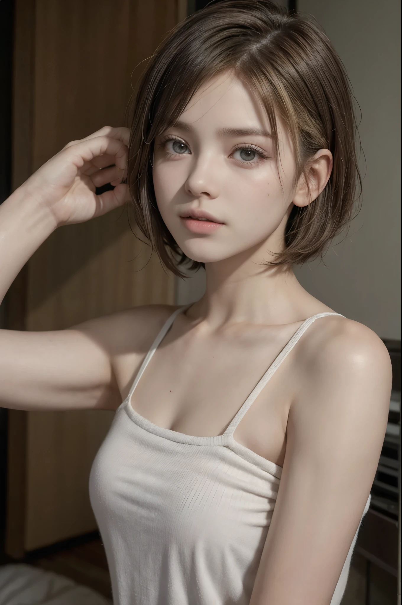 masutepiece、top-quality、8K、Young and cute fair-skinned Japan woman、(((Crying face、With a very angry face、With a glaring face)))、((((Sports Instructor、Wear a camisole top and yoga pants)))、((((Open your mouth wide to the maximum、stick out your tongue a little))))、((bob cuts))、I'm looking at you 、Transcendent beauty、Moles under the eyes、((Thin woman、Delicate woman))、(Dark indoor、on the beds、Professional Writing、Fashion Model Posing)、Luminous skin、big s、(brea large)、(I love guys)、float、I'm 、Sense of truth、(R-18)、Mature、((tromically correct))、Detailed skin、no-makeup、Strenuous movements