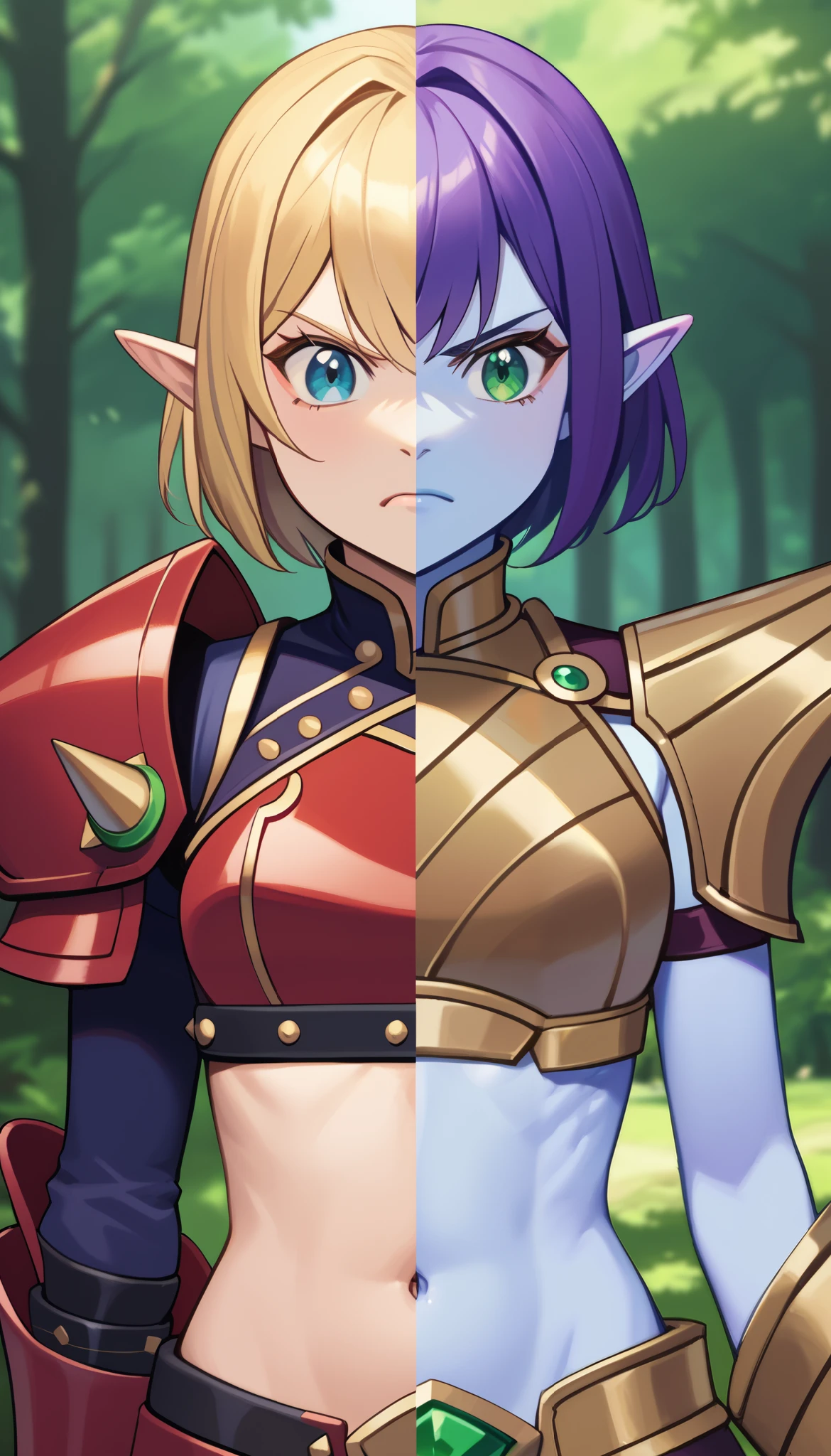 masterpiece, best quality, SplitScreen, split screen, forest background, pointy ear, BREAK 1girl, right side, right Blonde hair, right Green eye, right Red armored crop top, gold trim, right red shoulder pad, natural skin tone, slender body, navel, angry expression,
masterpiece, best quality, SplitScreen, split screen, forest background, pointy ear, BREAK 1girl, left side, left Purple hair, left Blue Eye, left dark Purple armored crop top, Gold trim, left dark Purple shoulder pad, blue skin tone, slender body, navel, angry expression,