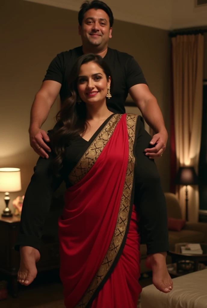 Beautiful and Slim Indian woman Aishwarya Rai in yellow silk saree , lifting a large chubby man above her shoulders, man is sitting on woman's shoulders, natural smile, in a bedroom with high ceiling at night