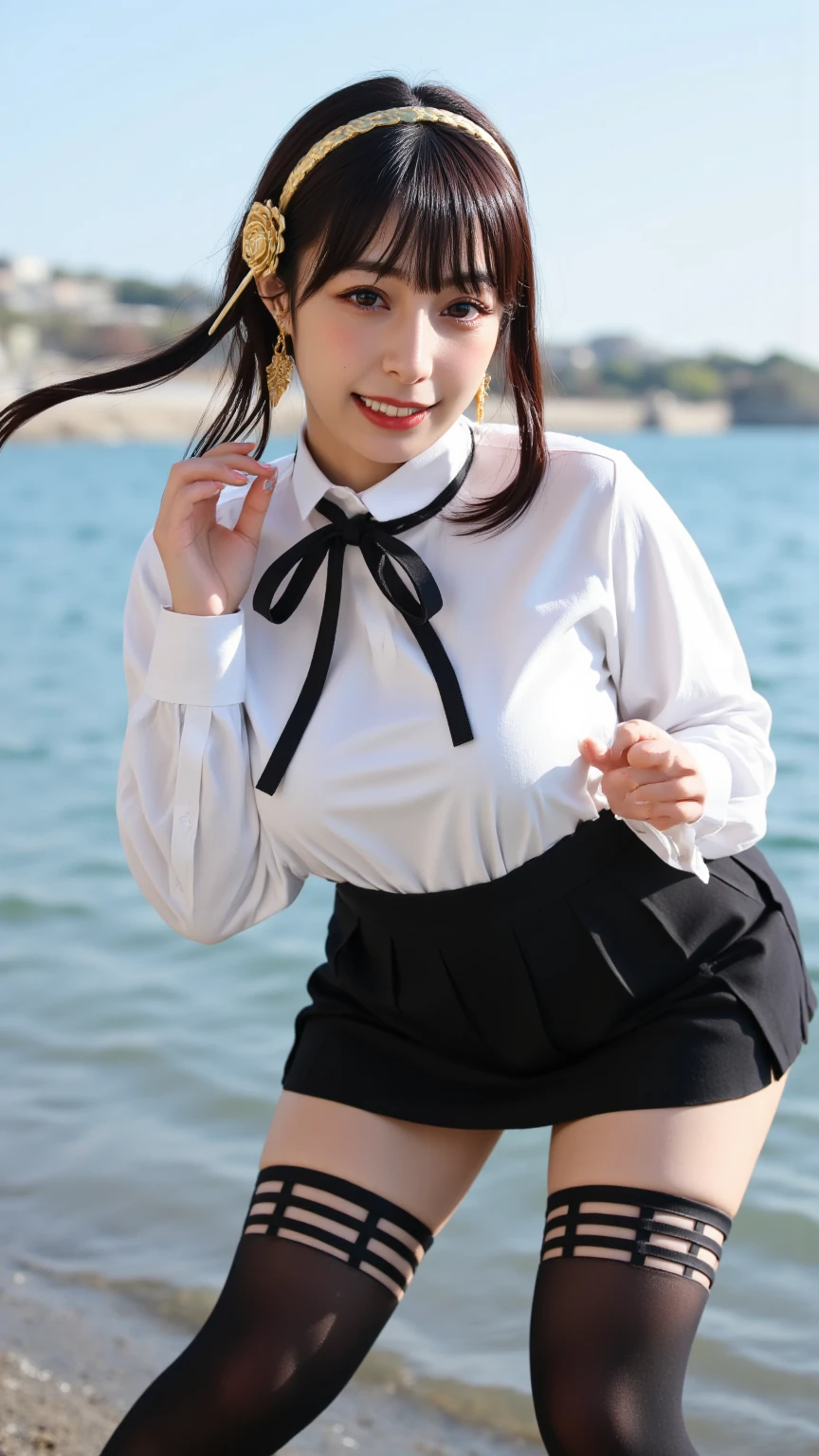 (masterpiece:1.2, highest quality), (Realistic, photoRealistic:1.4), Beautiful illustrations, (Natural Side Lighting, Cinema Lighting),
View your viewers, Cowboy Shot, Front view, 1 girl, Japanese, high school girl, Perfect Face, Cute and symmetrical face, Shiny skin,
(Middle Hair:1.2, Both sides up:1.2, Light brown hair), Golden Eyes, (big breasts:0.6, Captivating thighs),
Beautiful Hair, Beautiful Face, Beautiful fine details, Beautiful clavicle, Beautiful body, Beautiful breasts, Beautiful thighs, Beautiful feet, Beautiful fingers,
((White collared shirt with long sleeves, Navy Pleated Skirt, Blue bow tie)), Hair Ribbon,
(Beautiful views), evening, River side, walking, (Cute smile, Upward glance), White lace panties,