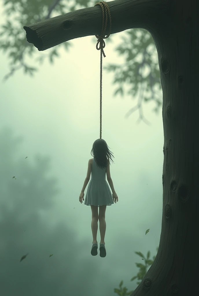 a young woman, delicate and beautiful woman with long, straight jet black hair, Porcelain skin, She is wearing a little transparent white dress, Her beautiful white skin shines. She is completely tied up ((his entire body tied in a fetal position)) and the rope hangs his body, almost touching some green waters where a large hand emerges, eagerly waiting to touch the woman, around there trees and fog, at night in a dark forest. golden glow. animated art 