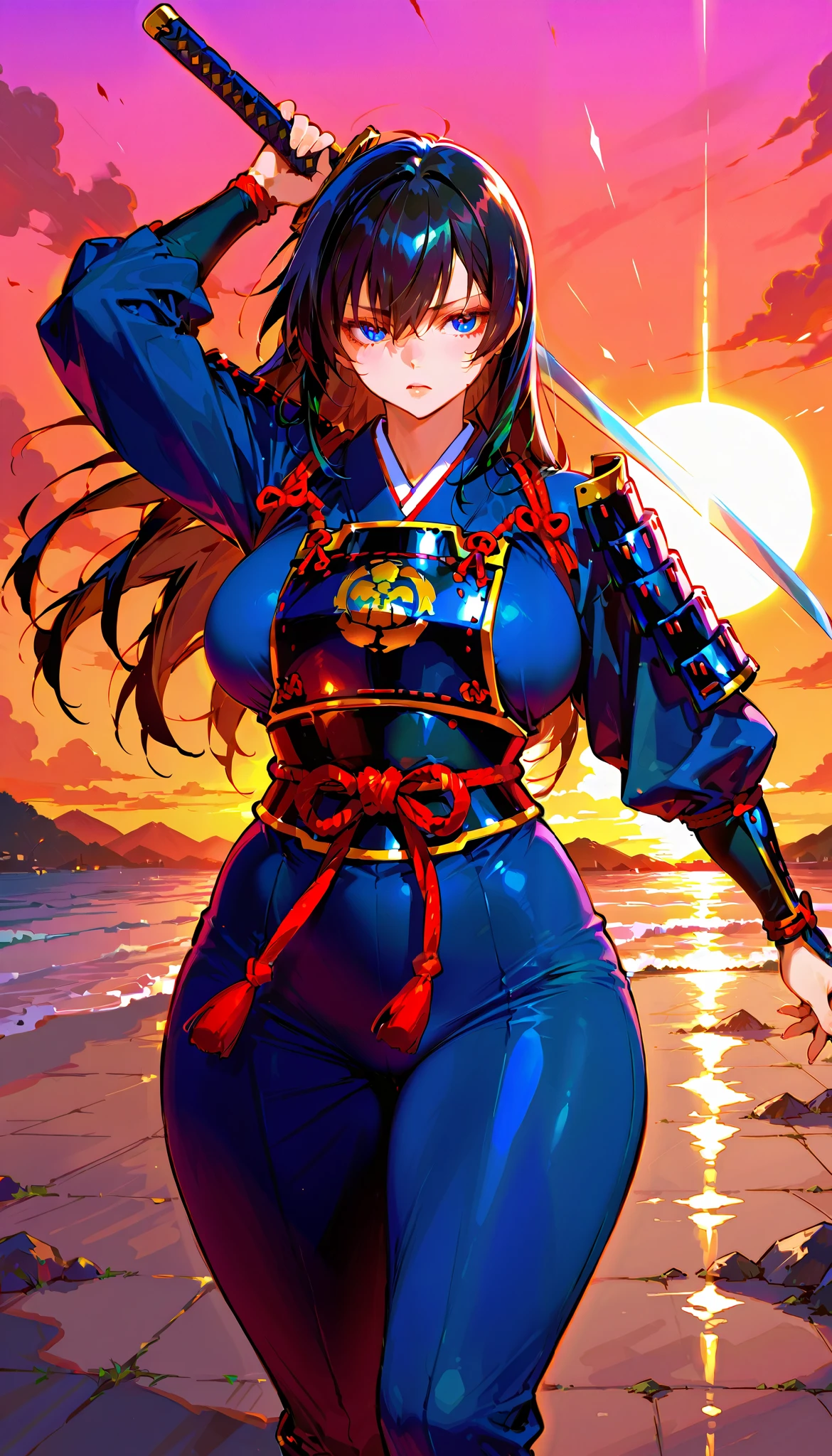 score_9, score_8_up, score_7_up,(hi-quality,high resolution), hime samurai,himecut,black hair,
Flying hair,long hair,parfect eyes,clear eyes,japanese armor,arms front,holding a sword,(curvy body:1.3),from front,sunset