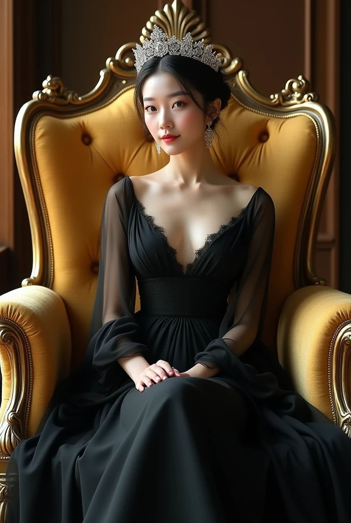 Photo of beautiful Korean woman wearing a long black dress and wearing a crown sitting on a large gold sofa chair.