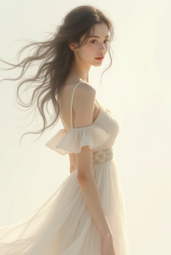 A beautiful Japanese girl is depicted in a vertical, ultra-realistic illustration. She has short, light-colored hair that frames her delicate face, with her eyes closed in a serene expression. She wears a thin, translucent dress with a subtle floral pattern, the fabric gently clinging to her form. The soft lighting highlights her smooth skin and the delicate textures of the dress, creating a dreamy, ethereal atmosphere.

The background is minimalistic and light, emphasizing the girl's calm and peaceful demeanor. The artist employs digital painting techniques to achieve high detail and realism, particularly in the rendering of her hair, skin, and the semi-transparent fabric of the dress. The use of soft gradients and subtle shadows enhances the sense of depth and realism, making the image both captivating and serene.