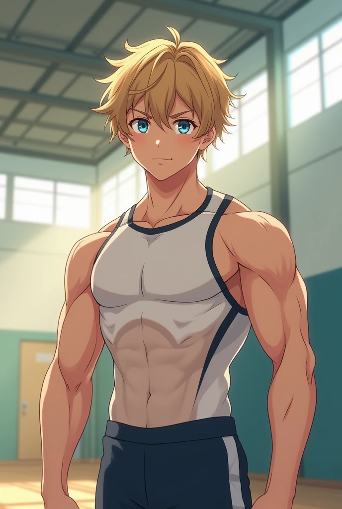 (masterpiece, best quality), Intricate detailing, 8K, artstation, Anime art, Young Teenager, Teen Bodybuilder, 14 years old, blonde hair, posing bis muscles in underwear, barefoot, Buff muscle Body, flexing his muscles, muscular chest, weightlifting