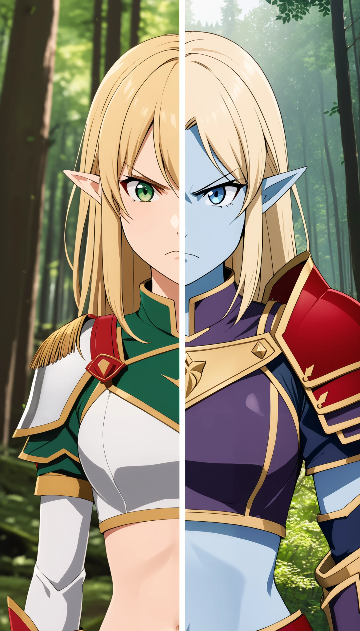 masterpiece, best quality, SplitScreen, split screen, forest background, 25 years old, pointy ear, BREAK 1girl, right side, right Blonde hair, right Green eye, right Red armored crop top, gold trim, right red shoulder pad, natural skin tone, slender body, navel, angry expression, 
masterpiece, best quality, SplitScreen, split screen, forest background, 25 years old, pointy ear, BREAK 1girl, left side, left Purple hair, left Blue Eye, left dark Purple armored crop top, Gold trim, left dark Purple shoulder pad, blue skin tone, slender body, navel, angry expression,