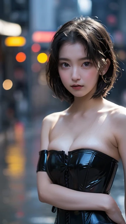 ８ｋ、High resolution、punk fashion、beautiful girl、slender body、young、colorful costumes、white skin,narrow eyes、london cityscape,high nose,lighting that illuminates the face、clear image、intellectual beauty、Eyes staring straight ahead、skinny、no makeup、Black Lace Costume、short hair、anxious look