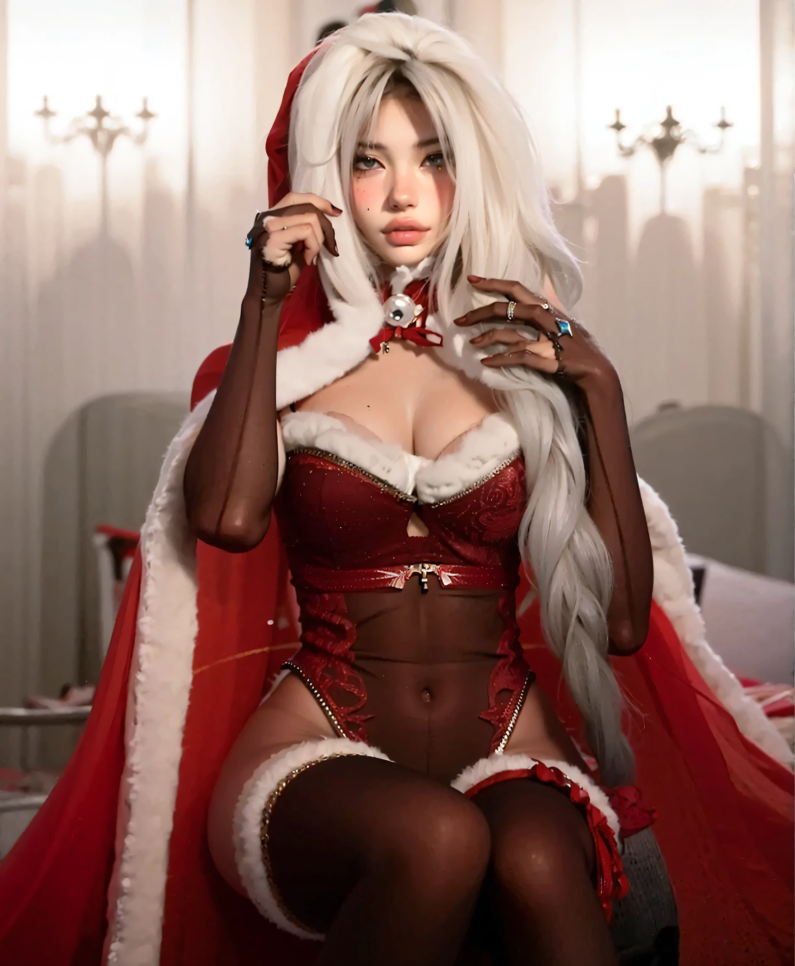 (christmas), (chistmas room), ( christmas decor) araffe with pink hair and bunny ears sitting on a bed, angelawhite, belle delphine, anime barbie in white stockings, ultrarealistic sweet bunny girl, very very kawaii, japanese goddess, the bunny has pink fur, smooth pink skin, with bunny ears, ahegao, sitting on her bed, lit from behind, perfect white haired girl, amouranth
