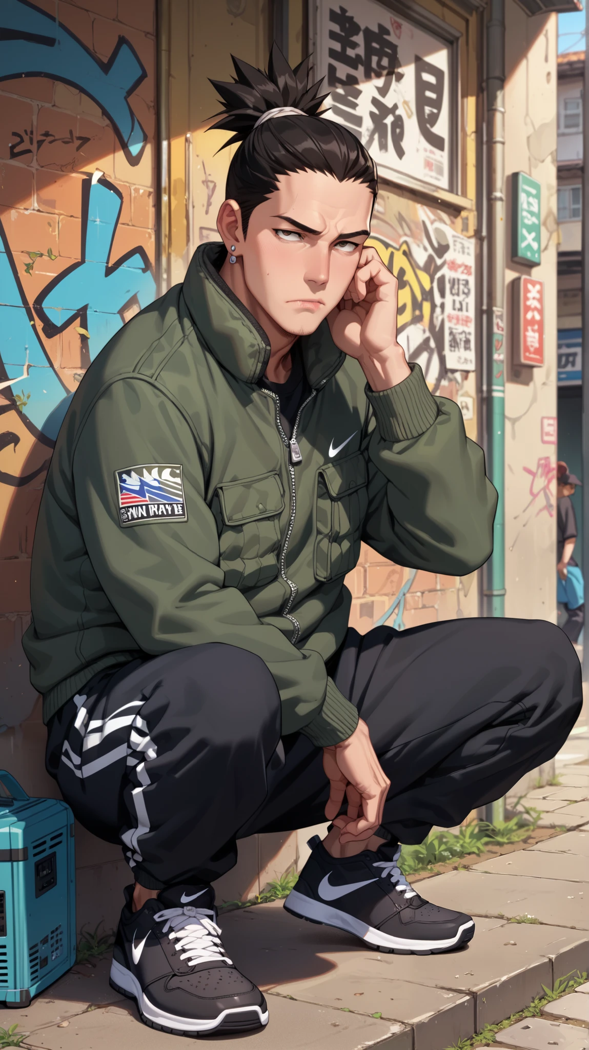 Score_9, Score_8_up, Score_7_up, Score_6_up, Score_5_up, Score_4_up, Source_anime, Tag1, Tag2, quality_masterpiece, Anatomically correct, Shikamaru, mature male, bored, hip-hop elements, BREAK ,action_squating, squatting, baggy pants, Jacket, Nike shoes, boom box, hip-hop culture, graffiti, biting straw