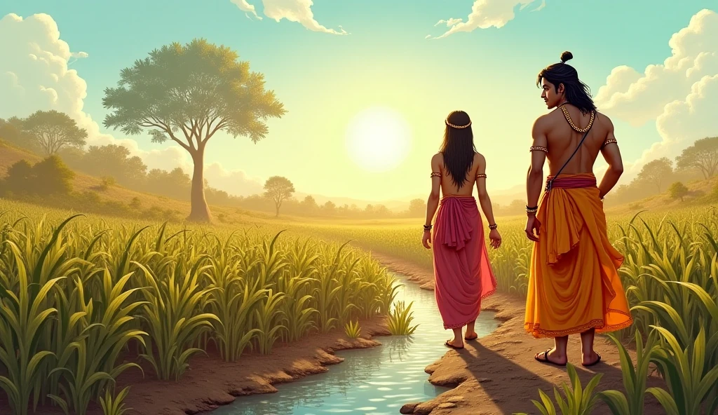 indian 20 years man walking in panche kattu white dress behind 18 years indian village girl in green dress in paddy field with a small canal of water flowing