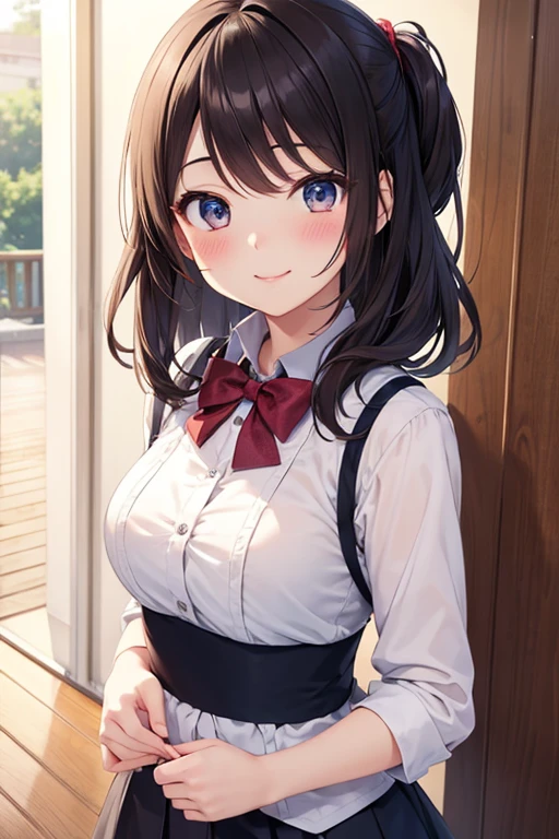 ((Highest quality, High resolution, masterpiece, detailed)),
Cowboy Shot, Written boundary depth, View your audience, Anatomically correct, 1people々, woman, Perfect Face, Cute and symmetrical face, Shiny skin,
(Medium Hair, Black Hair), Chestnut brown eyes, Long eyelashes, (Large Breasts:0.8),
Beautiful details, Beautiful Hair, Beautiful Face, Beautiful clavicle, Beautiful body, Beautiful breasts, Beautiful thighs, Beautiful feet,
(Collared shirt, Navy blue short pleated skirt, Red bow tie, necklace, panties),
(Beautiful views), evening, walk, Tree-lined street, (Wink, Skirt flip),