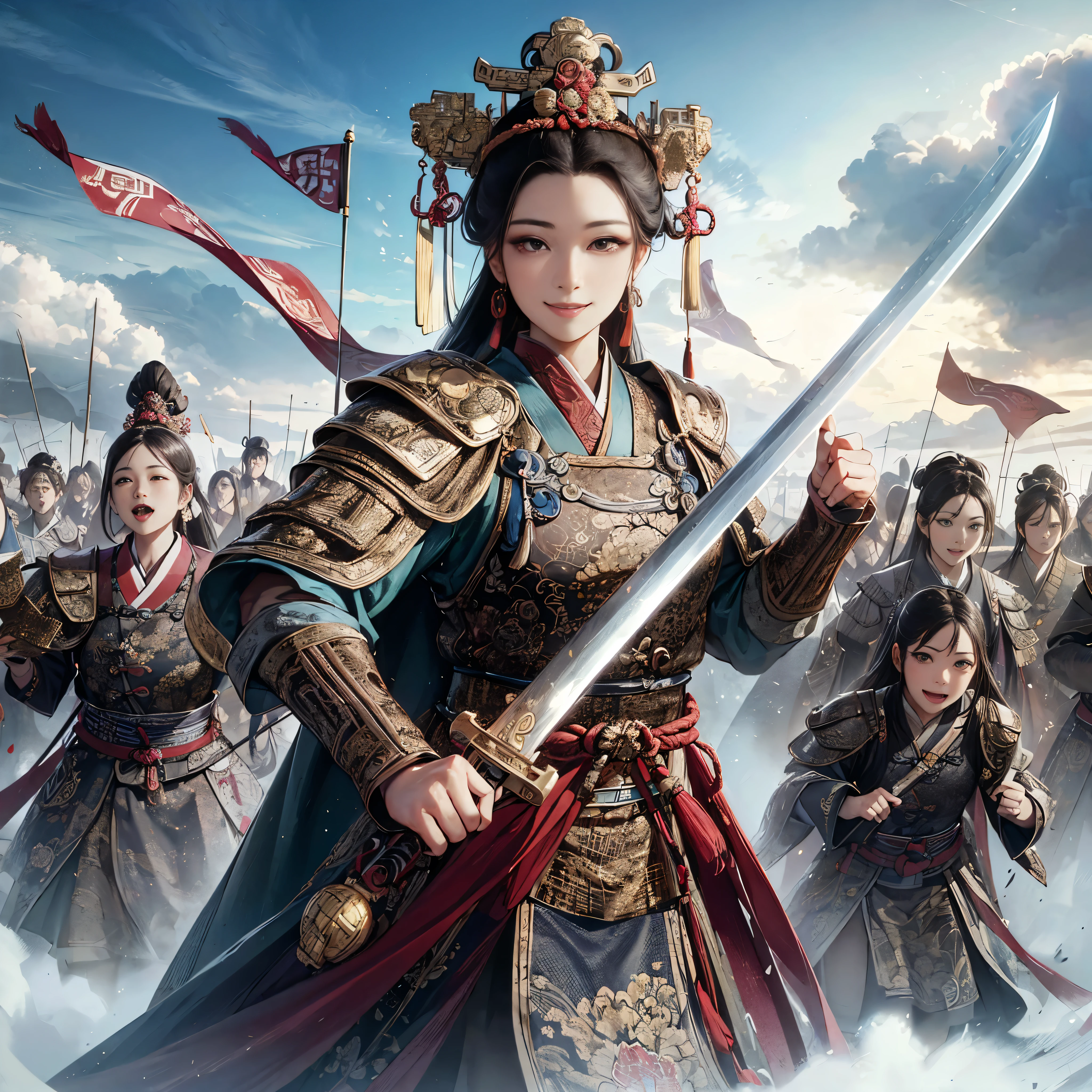 (The most amazing scene ever created:1.0), (Masterpiece:1.0), (Best Quality:1.0), (amazing quality:1.0), (sharpest focus:1.0), (Ultra-realistic Photo:1.0), (Ultra-precise Photo:1.0), (beautiful face and eye:1.2),
(Depth of field:1.0), (super fine:1.0), (16k:1.0), (incredibly absurdres:1.0), (extremely detailed:1.0), (delicate and dynamic:1.0), (very aesthetic:1.0), (absurdres:1.0), (beautiful face and eye:1.2), (perfect anatomy:1.2),
(Chinese Song dynasty middle-aged female military chief:1.0), (female military commander leading daughter army with Chinese sword raised wide:1.0), (Fearless smile:1.5), (winning smile:1.5),
(daughter army approaching with a cloud of dust:1.0), (beautiful and magnificent natural land of Song dynasty China:1.5), (incoming clouds rising in the clear blue sky:1.0), (tremendous superlative perspective:1.0),