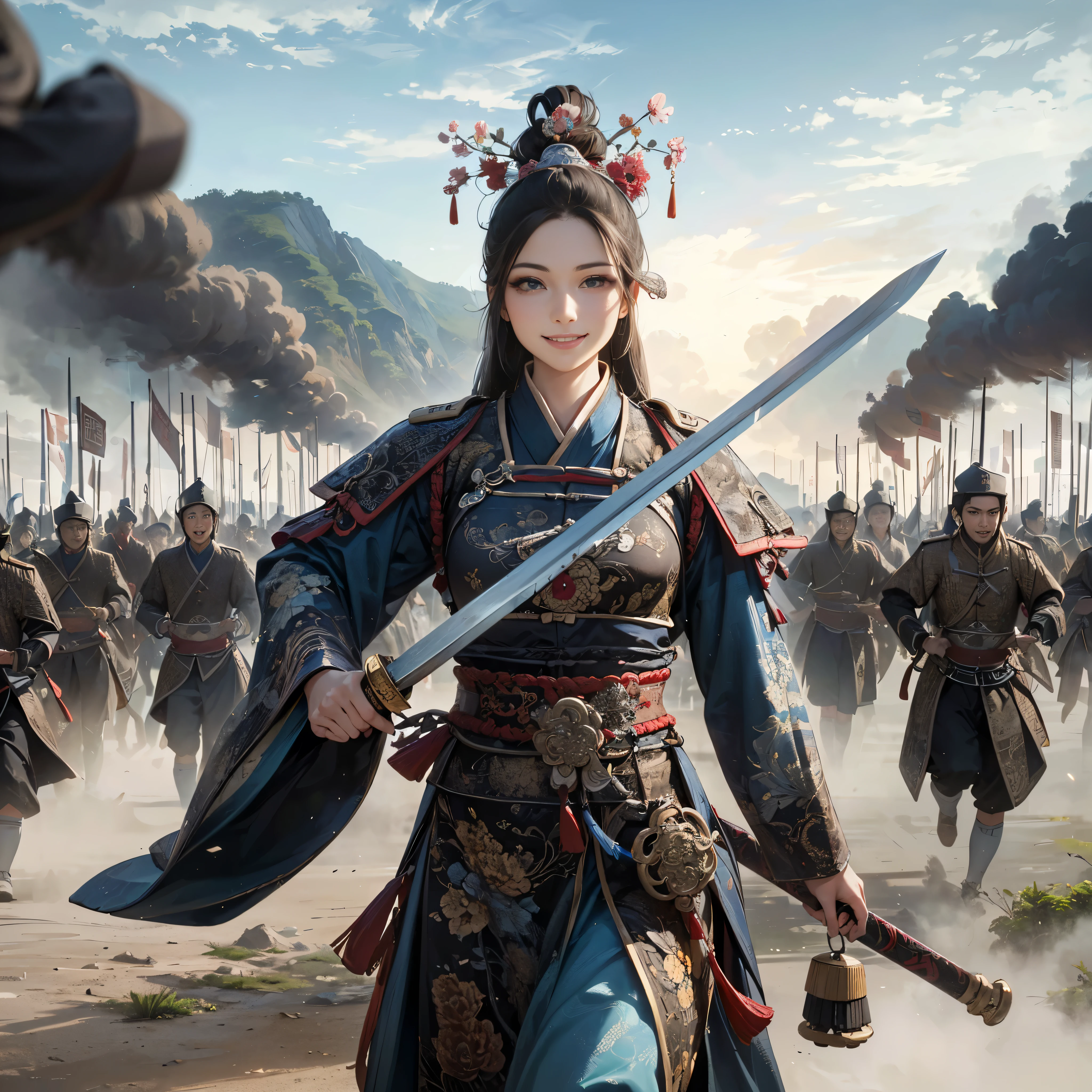 (The most amazing scene ever created:1.0), (Masterpiece:1.0), (Best Quality:1.0), (amazing quality:1.0), (sharpest focus:1.0), (Ultra-realistic Photo:1.0), (Ultra-precise Photo:1.0), (beautiful face and eye:1.2),
(Depth of field:1.0), (super fine:1.0), (16k:1.0), (incredibly absurdres:1.0), (extremely detailed:1.0), (delicate and dynamic:1.0), (very aesthetic:1.0), (absurdres:1.0), (beautiful face and eye:1.2), (perfect anatomy:1.2),
(Chinese Song dynasty middle-aged female military chief:1.0), (female military commander leading daughter army with Chinese sword raised wide:1.0), (Fearless smile:1.5), (winning smile:1.5),
(daughter army approaching with a cloud of dust:1.0), (beautiful and magnificent natural land of Song dynasty China:1.5), (incoming clouds rising in the clear blue sky:1.0), (tremendous superlative perspective:1.0),