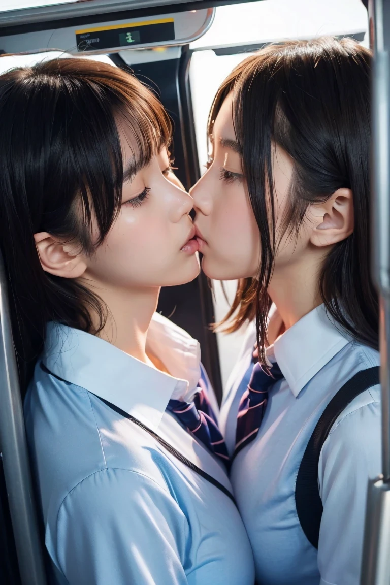 two schoolgirls crushed each other, angry look, stare, face to face, collide symmetrically, kiss, close contact on crowded train, pressed girls, two girls can't move in the crowd, crowded train full of girls, reluctantly kiss, glare, no gap between girl and girl