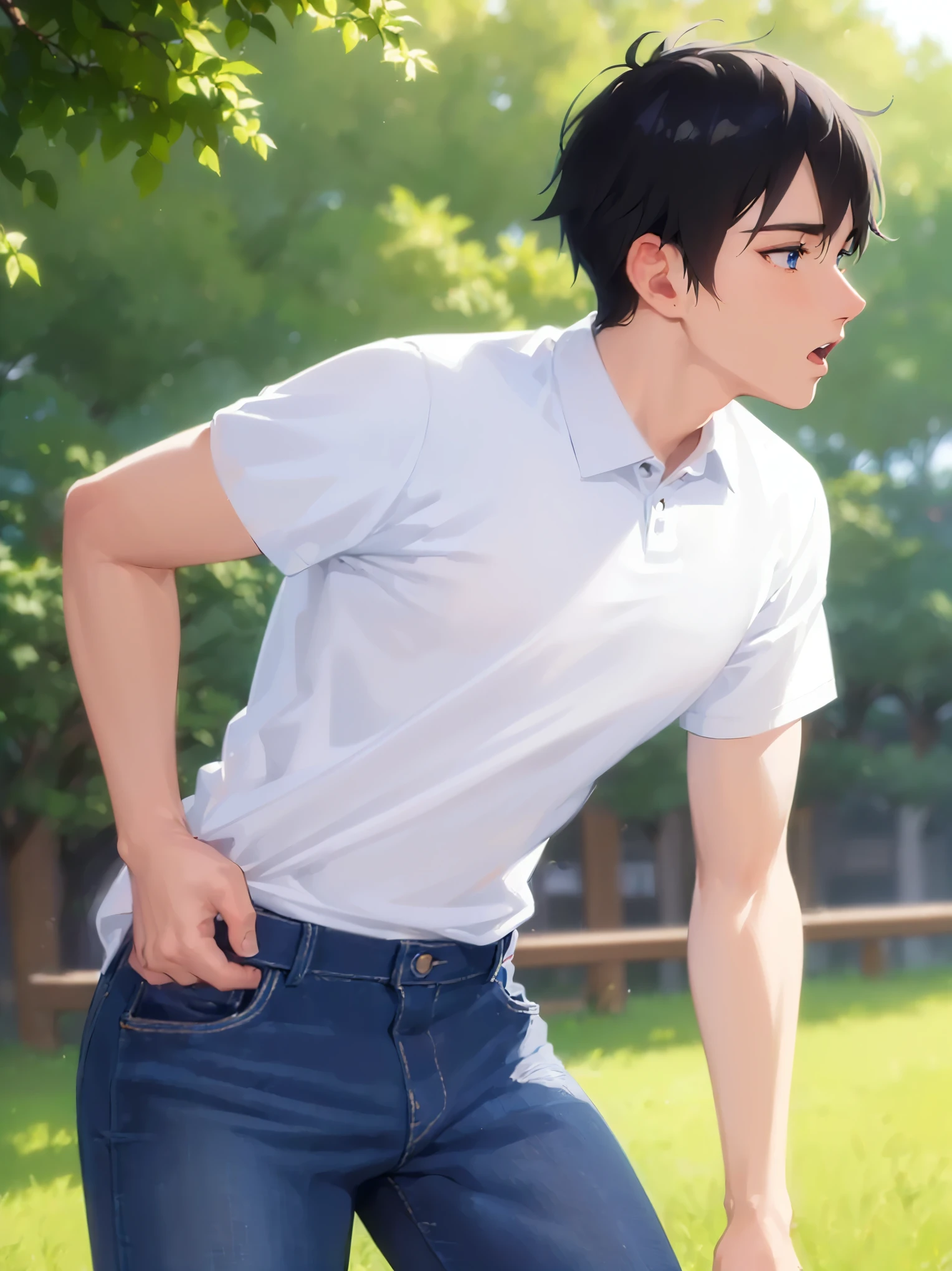 masterpiece, best quality, wallpaper, looking away,standing,,1boy, solo, black hair, brown eyes, hair between eyes, White sports t-shirt, red sports shorts,Muscle stretching, in the field, early morning, bright sun, 16k resolution,close up photo