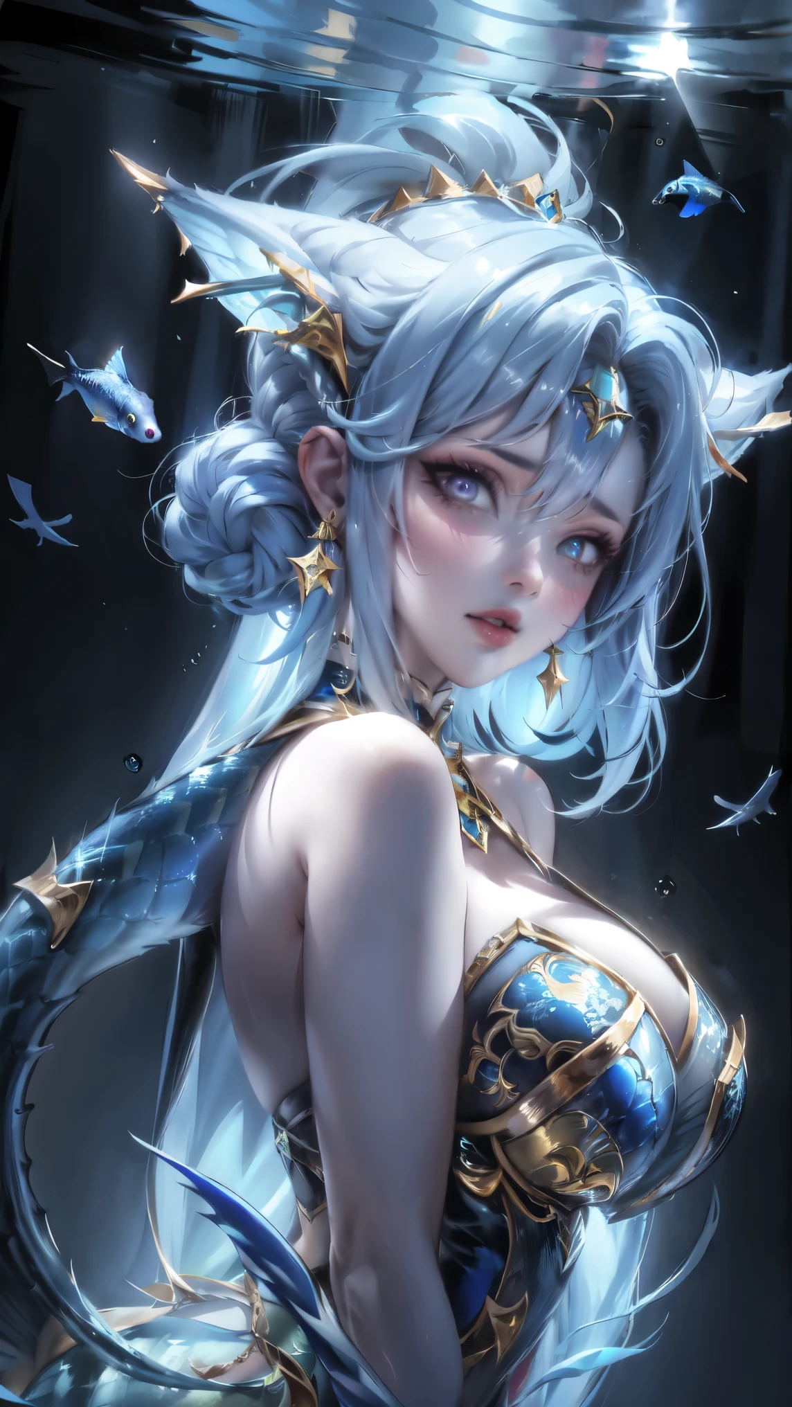 a Pisces girl, typical Pisces, super beautiful, fish-tailed, blue,