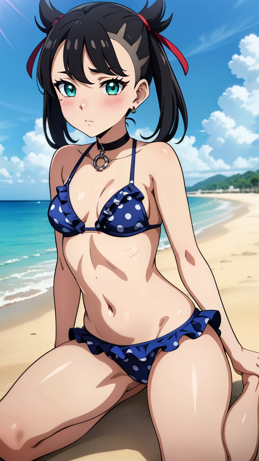 masterpiece, best quality, ultra-detailed, illustration, 1girl, (cowboy shot:1.4), (looking at viewer:1.4), micro bikini, beautiful detailed eyes, beautiful detailed glow, lots of glow, seascape, beach, sand, hitori bocchi,  selfie, medium breasts, wearing bikin,mom, milf , thicc thighs,