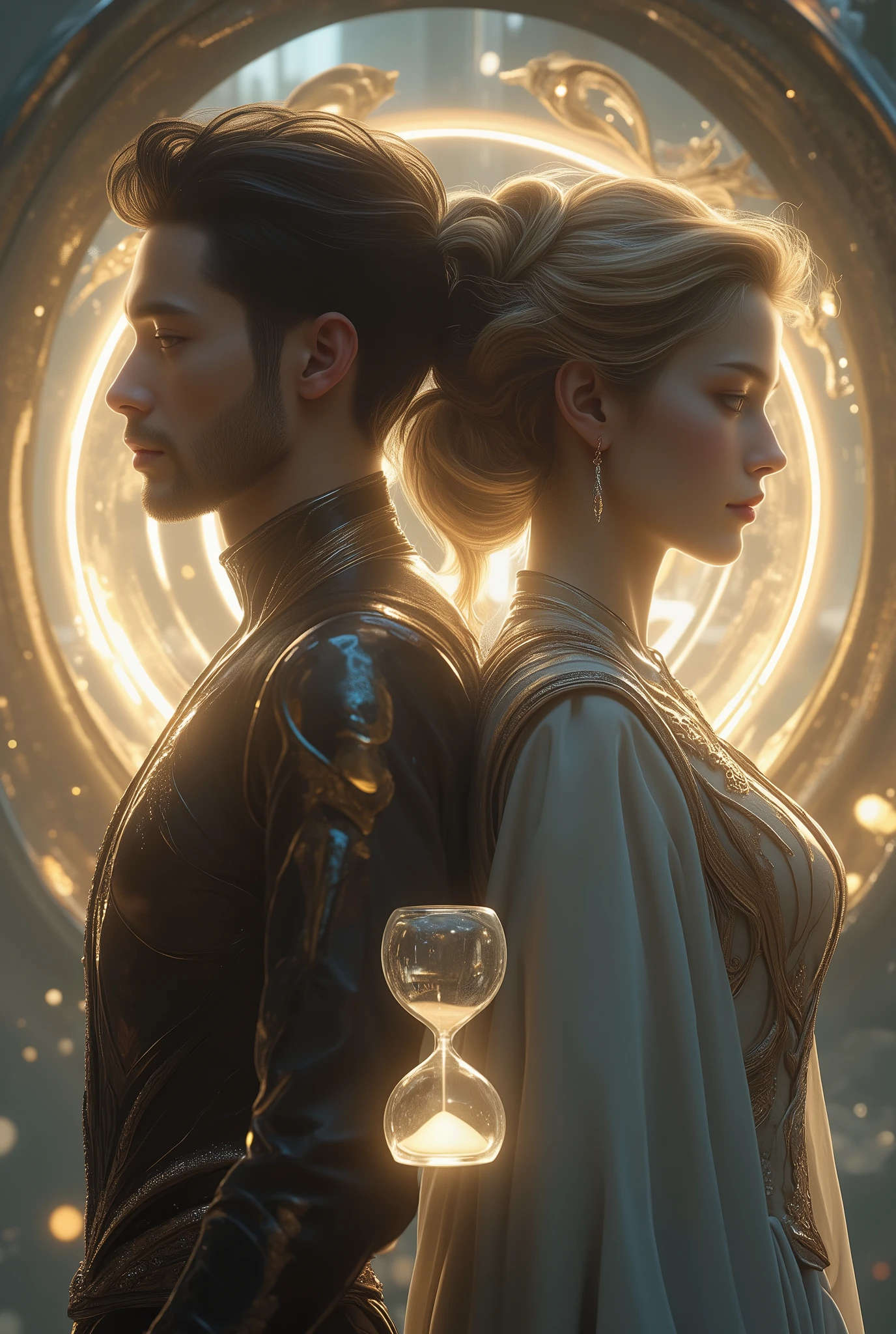 A close-up side view of a man and a woman standing back-to-back, their profiles softly illuminated by the glow of a circular portal behind them, shimmering with radiant golden and silvery light. The man, dressed in sleek futuristic attire with metallic accents, and the woman, adorned in flowing, timeless garments with delicate embroidery, contrast yet complement each other. Their expressions are serene yet filled with deep emotion, their faces partially turned as if sensing the other’s presence. A floating hourglass with suspended sands hovers between them, radiating a gentle glow. The portal's intricate patterns and luminous particles swirl around them, creating an ethereal ambiance. The background fades into a blend of futuristic city lights on one side and a dreamy, natural landscape on the other, symbolizing the merging of two different worlds. The lighting emphasizes their features, highlighting the emotion and mystery of their connection.