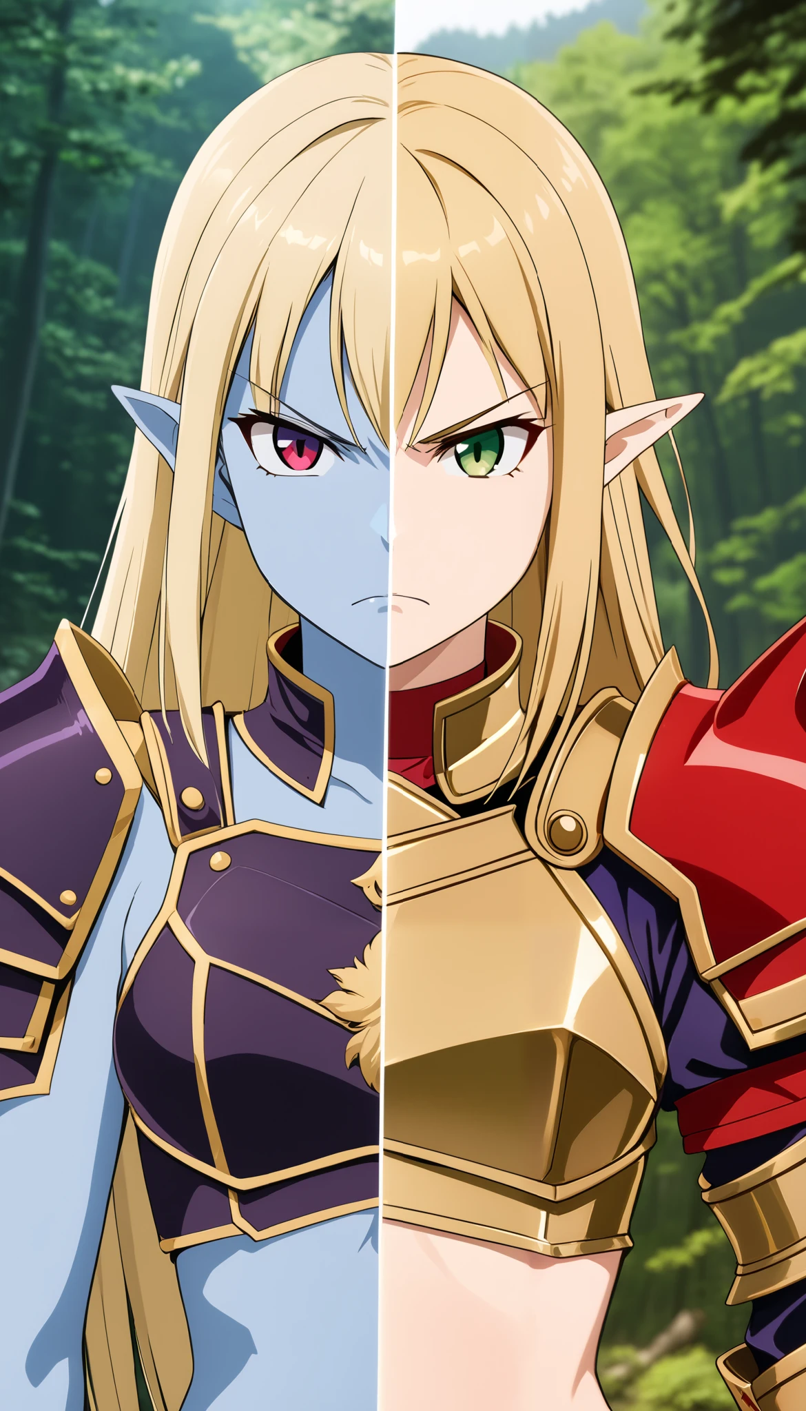 masterpiece, best quality, SplitScreen, split screen, forest background, 25 years old, pointy ear, BREAK 1girl, right side, right Blonde hair, right Green eye, right Red armored crop top, gold trim, right red shoulder pad, natural skin tone, slender body, navel, angry expression, 
masterpiece, best quality, SplitScreen, split screen, forest background, 25 years old, pointy ear, BREAK 1girl, left side, left Purple hair, left Blue Eye, left dark Purple armored crop top, Gold trim, left dark Purple shoulder pad, blue skin tone, slender body, navel, angry expression,