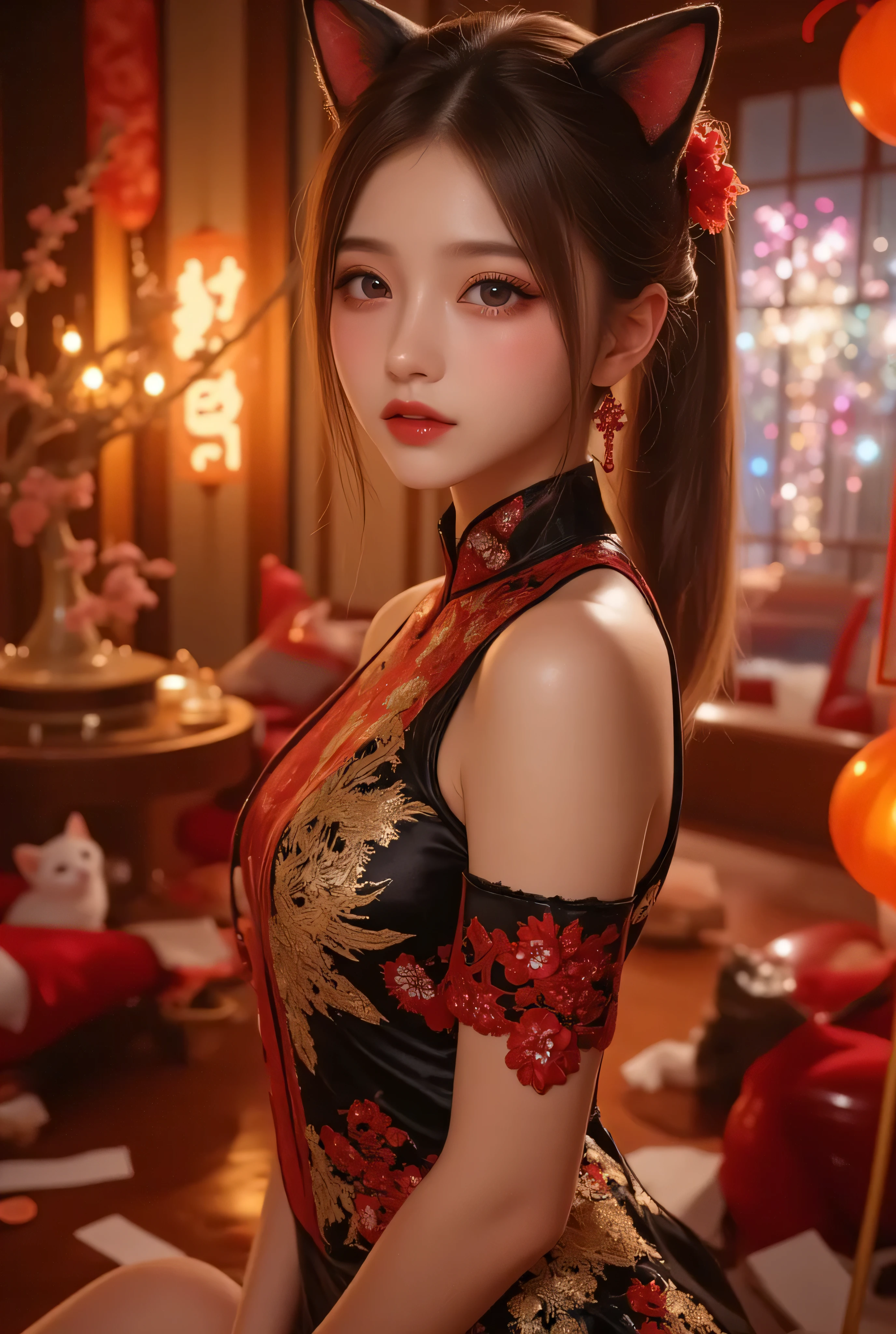 Cat ears、 face up, attractive, pretty girl, ponytail、few beautiful lady hair decorations, (( fine facial features , eroticism)), dramatic lighting , realistic , 8k, Dramatic Shadows , intricate and elaborate patterns , super detailed photo , chiaroscuro lighting , Pleasant colors , deep contrast , super real 、 pink lipstick、 warm room、Vintage Fireplace 、 cinematic composition、Close-up of face, pretty half part transparent open shoulder loose outfits dress, tang style, A beautiful Korean idol wearing a one piece red- black tightly cheongsam with phoenix and intricate floral golden embroidery, golden and silver outline on dress, standing gracefully in a room filled with traditional Chinese New Year decorations. The room features vibrant red lanterns, decorative calligraphy scrolls, a small Chinese orange tree with golden ornaments, and several red envelopes scattered across the floor and hanging from the tree. Adorable, playful cats are part of the scene—some sitting near the tree, others curiously pawing at the red envelopes or lounging around. Through a window or an open door in the background, vibrant Chinese fireworks light up the night sky in an array of reds, golds, and blues, casting a magical glow into the room. The idol’s outfit is paired with subtle accessories like red hairpins or earrings, complementing the festive look. The atmosphere is warm and lively, filled with the joyful essence of the celebration, enhanced by the shimmering lights of the fireworks and the lively decor.