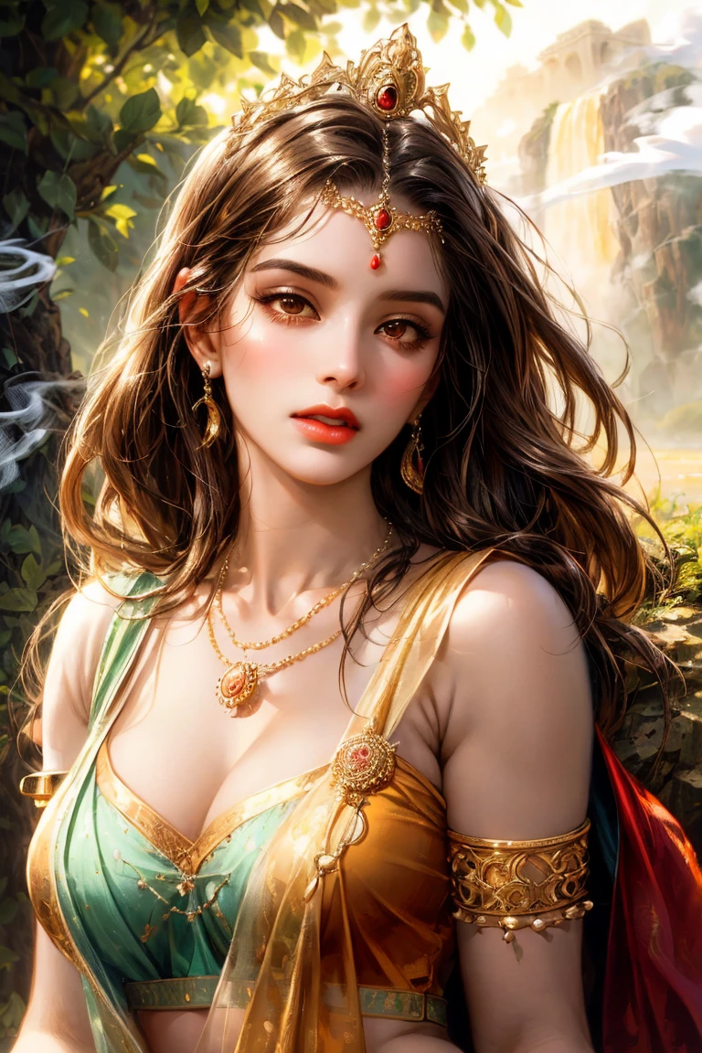 ((realistic:1.5)),((best quality)), ((masterpiece)),((detailed)), (1girl), {a beautiful female wearing a Sari}, (upper body:1.3),super-wide-angle lens,face focus, mature,sexy,toned muscles,long legs,curvy,barefoot,oversized firm breasts,open cleavage,drooping breasts,thick thighs,wide hips,thin legs,beautiful eyes,long black hair,floting hair,long eyelashes,(detailed face,beautiful eye,detailed pupilss,detailed clothes features,clear background:1.3),(Bindi,Jhumkas:1.3),(Armlet, Haar, Payal,Maang Tikka,Jhumkas,Kamarband,Bangles:1.3),mysterious ancient ruin, lush forests, deep canyons,bridge,river,cliff,cloud, lakes,rock,waterfalls, flowers, grass, fog,vine,tree, smoke,best shadow,bright details,sharp,perfect composistion, Intricate, Sharp focus, dramatic, by Frank Frazetta,by Julie Bell,by Olivia De Berardinis,by Luis Royo,by boris vallejo, (specular lighting:1.3),rim light,princesses,princesses playing with water,sinking ruins, royal skimpy underwear,random royal color,laying on the floor, sister laying next to princess, sister touching princess,thirsty face,erotic face,lips open,almost undressed,underwear slid down,female bodyguard in armour,lips gasping,breathing hard