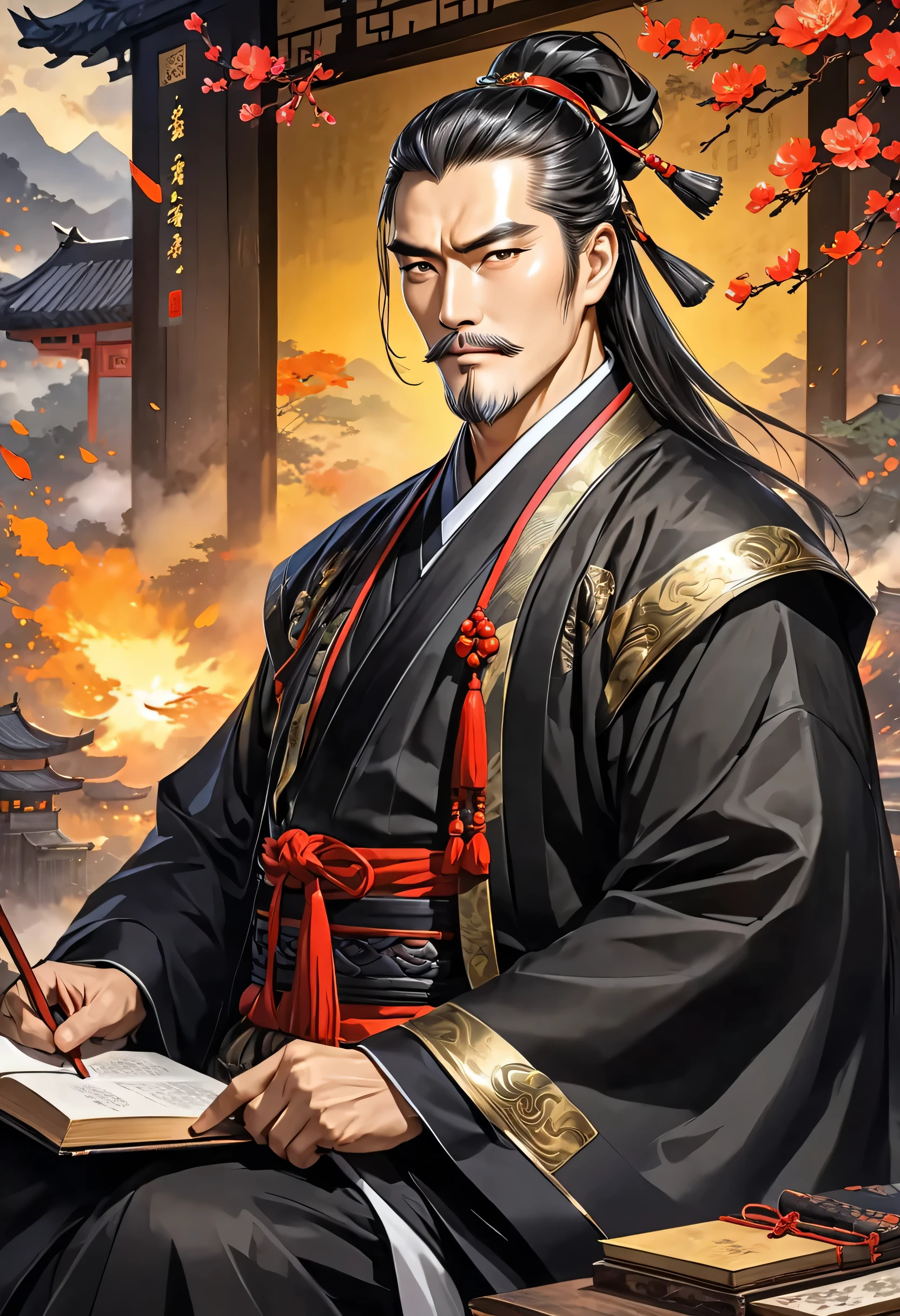 Libido boy, (((Black coat))),((Black Hanfu youth)), (((Black hair))),, Gorgeous, Handsome,Pierced in the chest by a sword,There was a large blood stain on his chest,Painful expression,sat on the ground,Blood,blood stain,(Background: Inside the sacred and magnificent ancient Chinese imperial palace)
