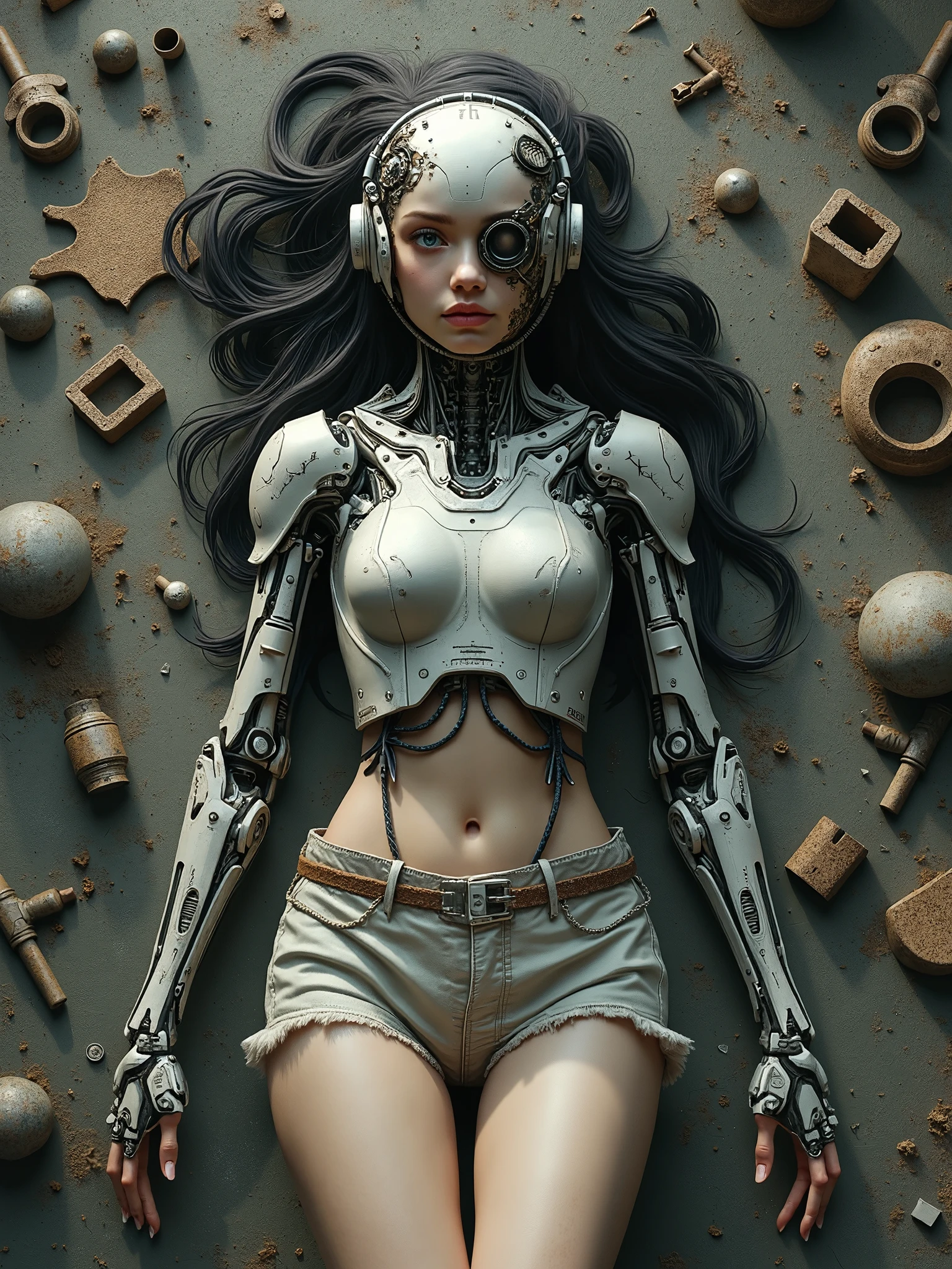 A Cyborg woman with exposed ribs bone with many wires and robotic parts, the woman He has short hair , The woman has a dynamic pose , The woman's bones are visible