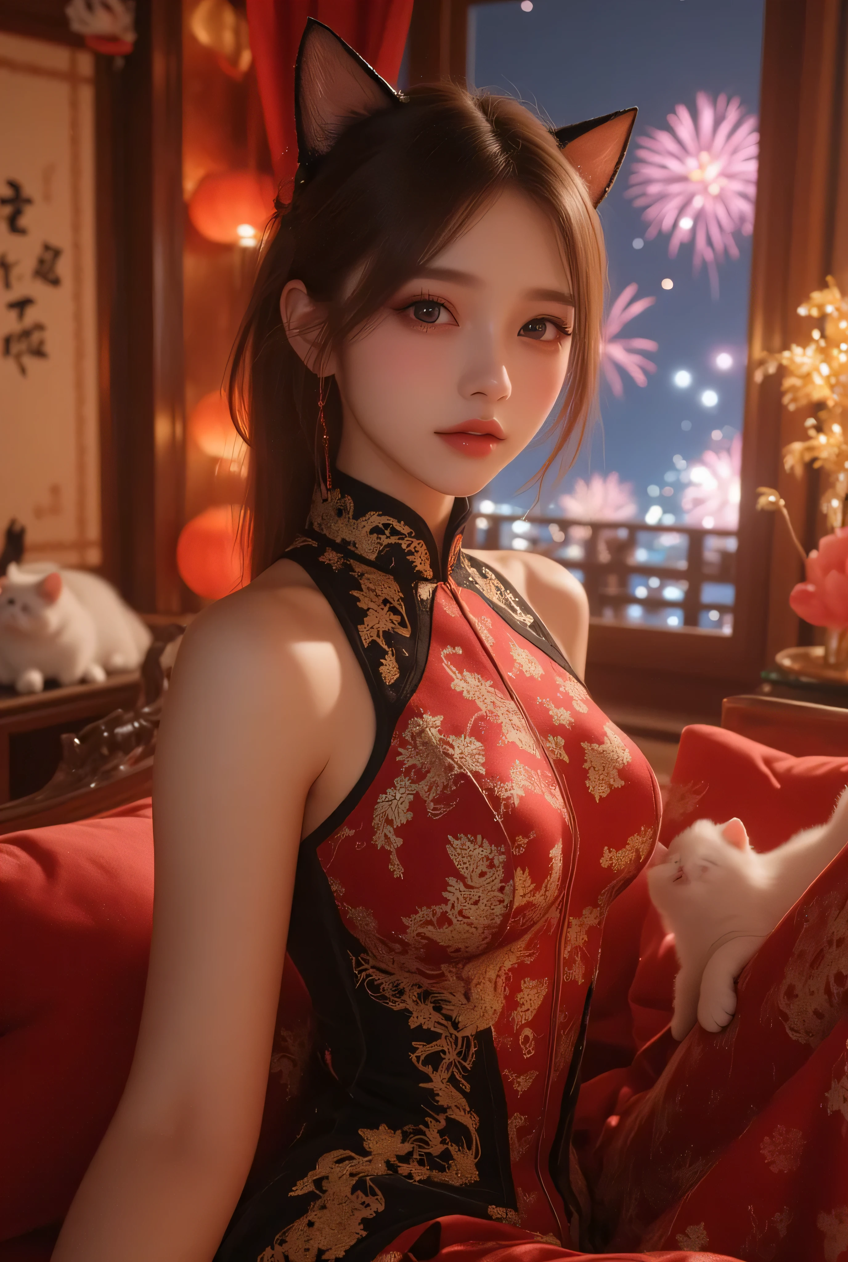 Cat ears、 face up, attractive, pretty girl, ponytail、few beautiful lady hair decorations, (( fine facial features , eroticism)), dramatic lighting , realistic , 8k, Dramatic Shadows , intricate and elaborate patterns , super detailed photo , chiaroscuro lighting , Pleasant colors , deep contrast , super real 、 pink lipstick、 warm room、Vintage Fireplace 、 cinematic composition、Close-up of face, pretty half part transparent open shoulder loose outfits dress, tang style, A beautiful Korean idol wearing a one piece red- black tightly cheongsam with phoenix and intricate floral golden embroidery, golden and silver outline on dress, standing gracefully in a room filled with traditional Chinese New Year decorations. The room features vibrant red lanterns, decorative calligraphy scrolls, a small Chinese orange tree with golden ornaments, and several red envelopes scattered across the floor and hanging from the tree. Adorable, playful cats are part of the scene—some sitting near the tree, others curiously pawing at the red envelopes or lounging around. Through a window or an open door in the background, vibrant Chinese fireworks light up the night sky in an array of reds, golds, and blues, casting a magical glow into the room. The idol’s outfit is paired with subtle accessories like red hairpins or earrings, complementing the festive look. The atmosphere is warm and lively, filled with the joyful essence of the celebration, enhanced by the shimmering lights of the fireworks and the lively decor.