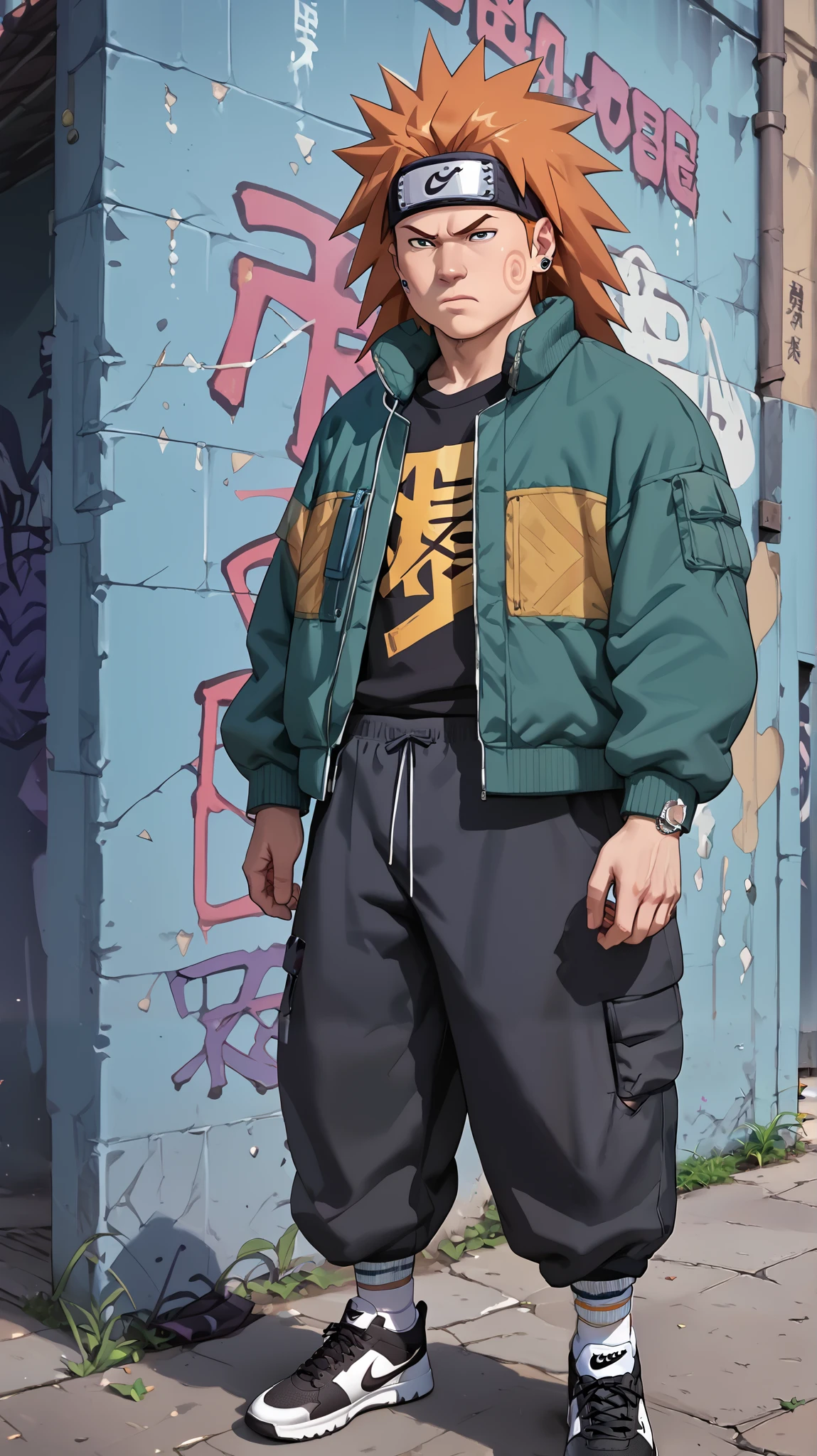 Score_9, Score_8_up, Score_7_up, Score_6_up, Score_5_up, Score_4_up, Source_anime, Tag1, Tag2, quality_masterpiece, Anatomically correct, Choji, mature male, plump body, orange hair, hip-hop elements, BREAK ,action_squating, jacket, baggy pants, Nike shoes, boom box, hip-hop culture, graffiti,