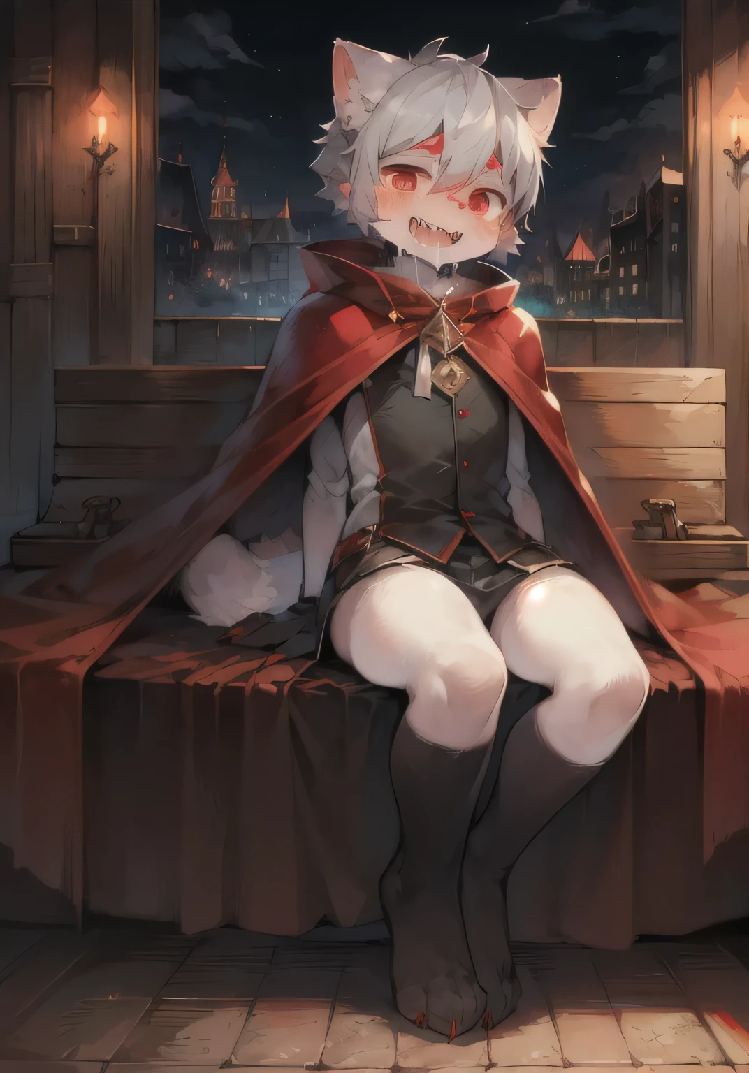 (Dark environment:0.8),masterpiece,high quality,abstract res,digital painting\(artwork\), by dagasi, yupa,kiyosan,(anthro,fluffy fur,character focus:1.1),anthro male cat,short hair,portrait , Bright eye, the panorama, Character focus.(detailedbackground:0.7), 独奏, shaggy, Hairy male, Male focus, anthr,(Full body fur, Fluffy tail, White fur, Red eyes, Gray hair:1.2), (long canines、The vampire、no clothe),(in house、night、In bed、coff:1.1)