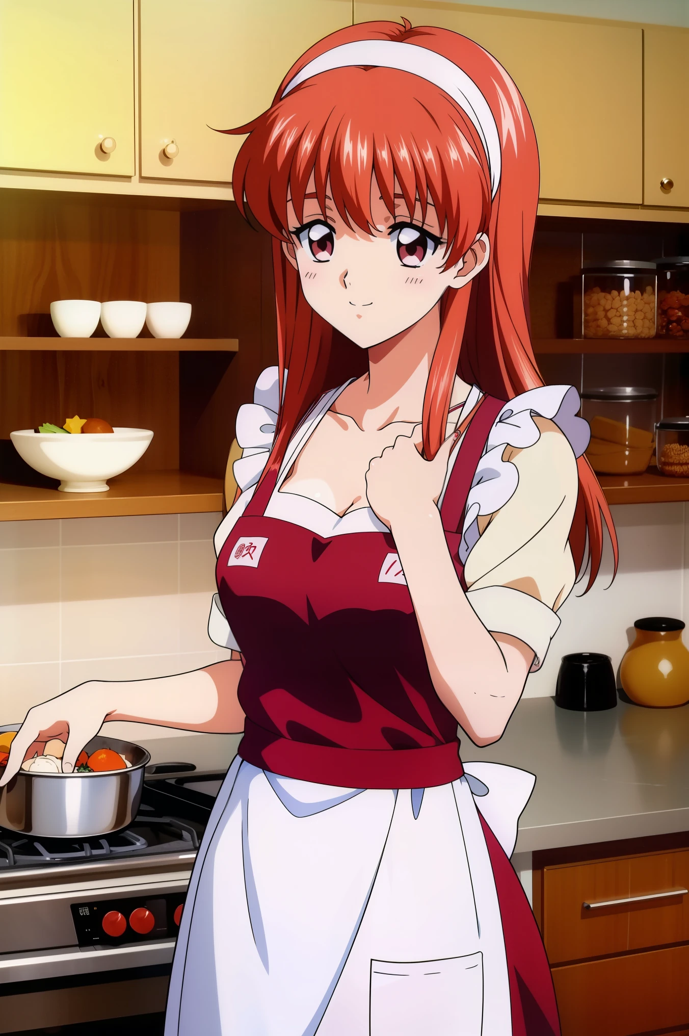 FujisaKishiori , (cowboy shot), Red Hair, long hair, Hair Band , red eyes, small breasts, ( Sexy Apron ), (I'm making bento), (Red cheeks:1.2), cleavage, (bright smile:1.2), (kitchen), score_9, score_8_superior, score_7_superior, source_anime, (best quality:1.2), 細部までこだわったanime, high quality , full color, 8k, high resolution