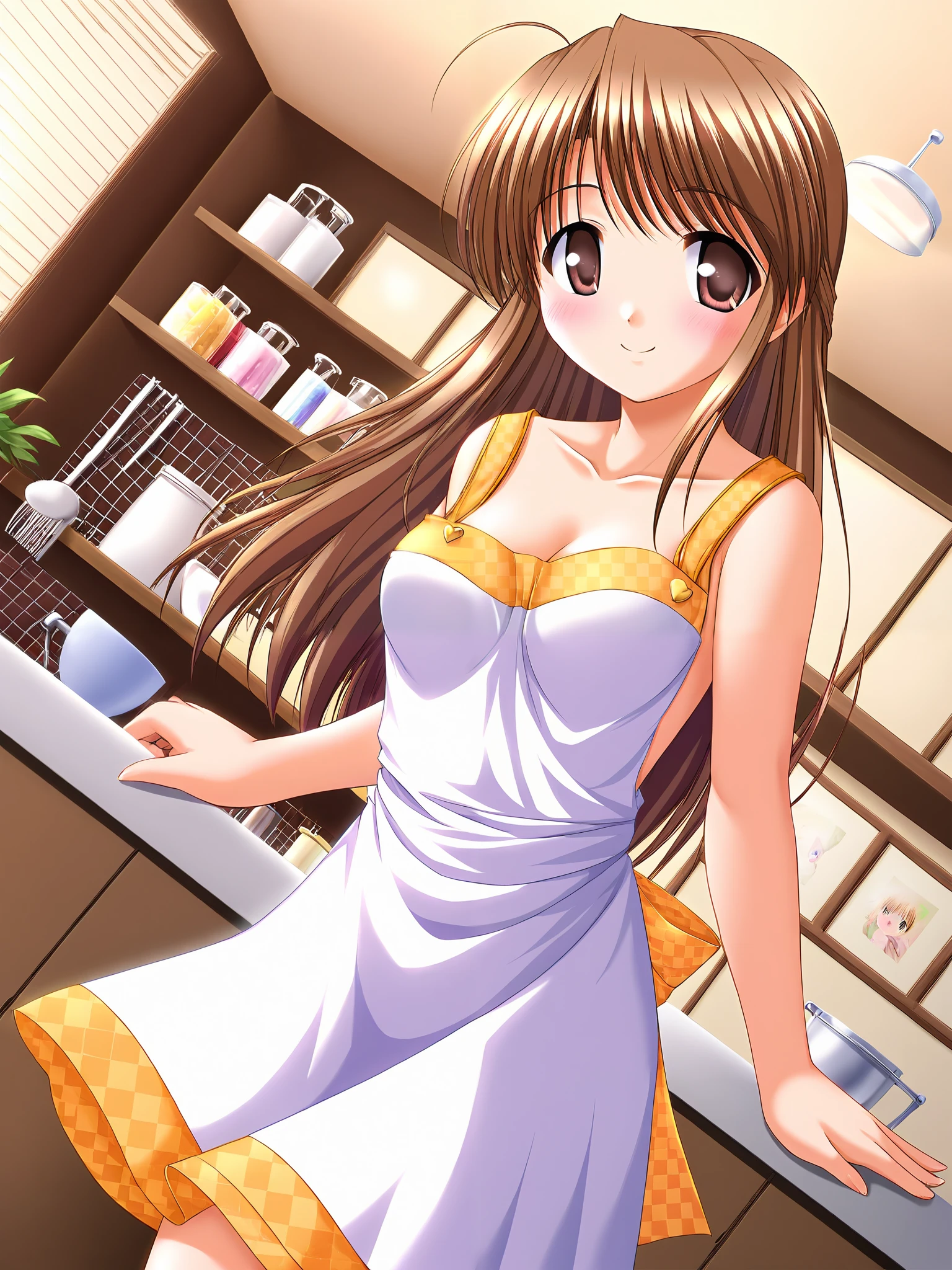 Honami Fujieda, Alone, (cowboy shot), brown eyes, yellow eyes, brown hair , stupid hair, bangs, side lock, long hair, hair bang, single hair bang, small breasts, ( Sexy Apron ), (I'm making bento), (blush:1.2), cleavage, (bright smile:1.2), (kitchen), score_9, score_8_superior, score_7_superior, source_anime, (best quality:1.2), 細部までこだわったanime, high quality , full color, 8k, high resolution