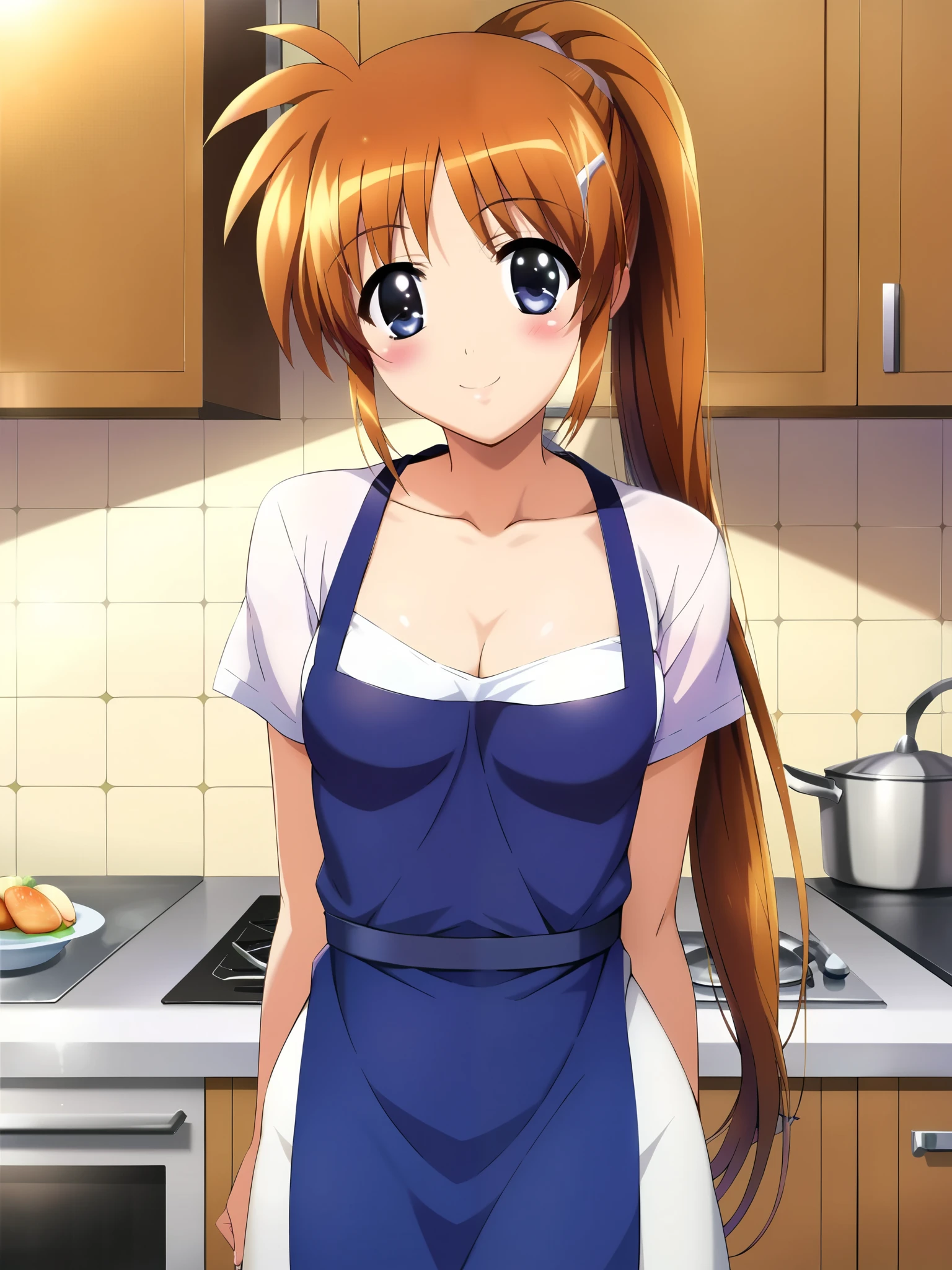 Nanoha, (cowboy shot),  small breasts, ( Sexy Apron ), (I'm making bento), (blush:1.2), cleavage, (bright smile:1.2), (kitchen),  score_9,  score_8_superior,  score_7_superior,  source_anime, (best quality:1.2), 細部までこだわったanime,  high quality , full color, 8k,  high resolution