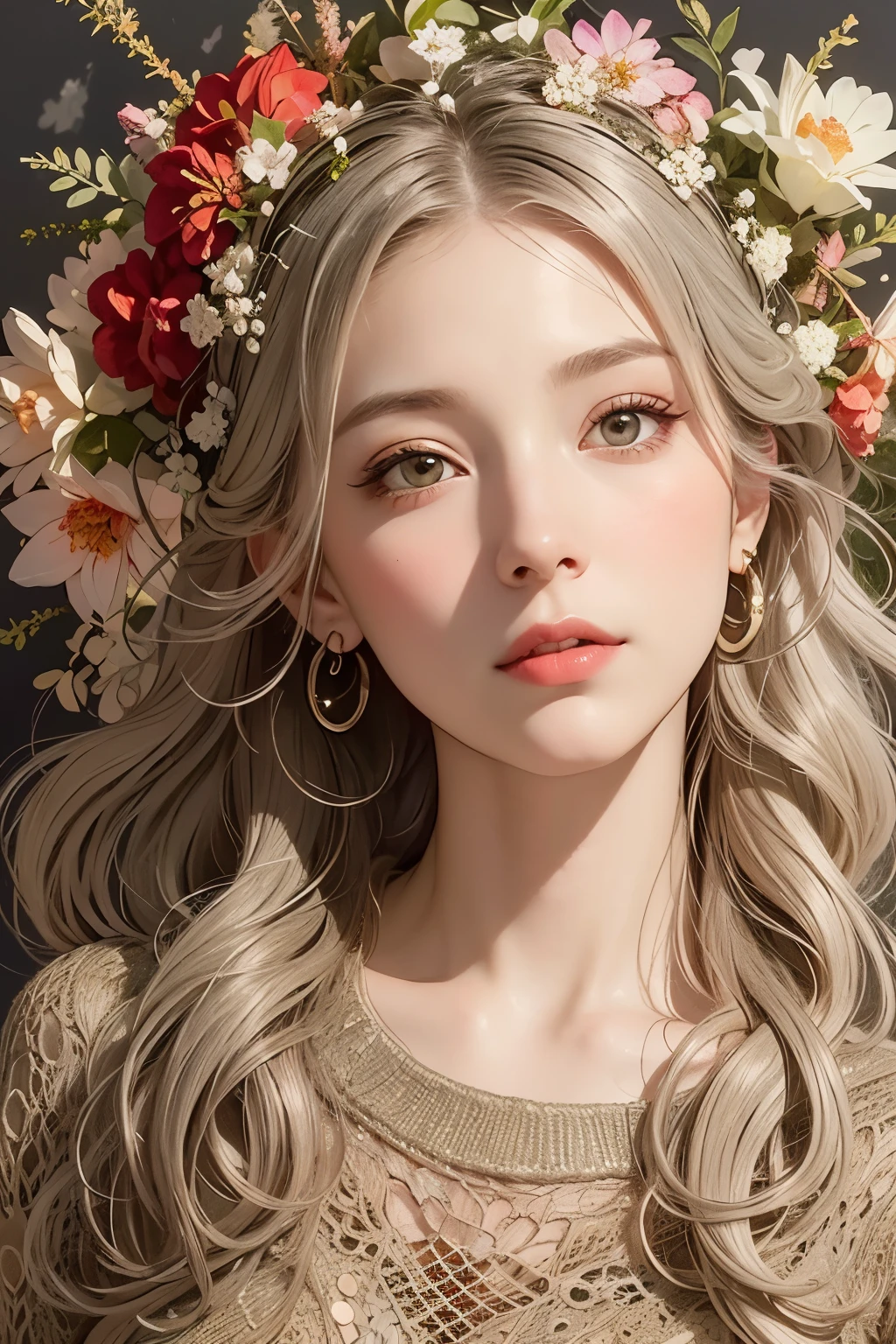 Highly detailed drawing of a plain but beautiful woman done in alcohol ink, (dark colors), (old and faded colors, very dark image quality), stress-free mixed media masterpiece, (loosely curled medium length silvery grey hair), focus on face, (close-up), serene expression, lustrous skin, glossy lips, (simple rustic country style knitted sweater), (slim figure), fine details, intricate details, line drawing, midwinter garden, midwinter twilight, cold snow falling, small winter flowers, dead trees, (Alphonse Mucha compositional style), Art Nouveau frame decorated with snowflakes, use of outlines, clean line drawing, Art Nouveau inspired decoration, bright and strong primary colors used as accents, mixed media,
