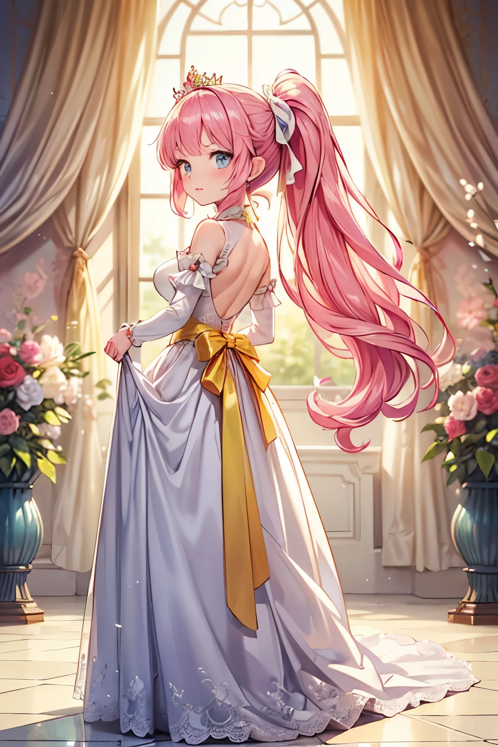 (( Moe anime art style :1.3)), (Masterpiece), ((( best quality ))), ((( high resolution))), (((unity 8k wallpaper))), ((( more details))), ( Super Detailed Skin ), break ((( full body))), ((( gentle and beautiful face ))), (((Princess with a young face))), (18 years old), more detailsな目, beautiful eyes, fine grain, ( light lipstick:1.3), break ((( pink hair , shiny hair, Fluffy ponytail ))), side blade , (( curly hair , Expressive hair, Very Voluminous Long Hair )), bangs, Beautiful jeweled tiara, crystal earrings , break (( delicate lace material )), ( Yellow Satin Material ), ((Clear Satin Material )), ((Hoop skirt)), ((( Rococo Victorian English Style Gown))), ((Gorgeous embroidery)), (( Lots of Lace and Ribbons )), ((crinoline)), ( Beautiful Shiny Marble Floor ), (Highly reflective floor), (( allows depth of field:1.5)), ( floral background :1.1) ,((backlit:1.5)),