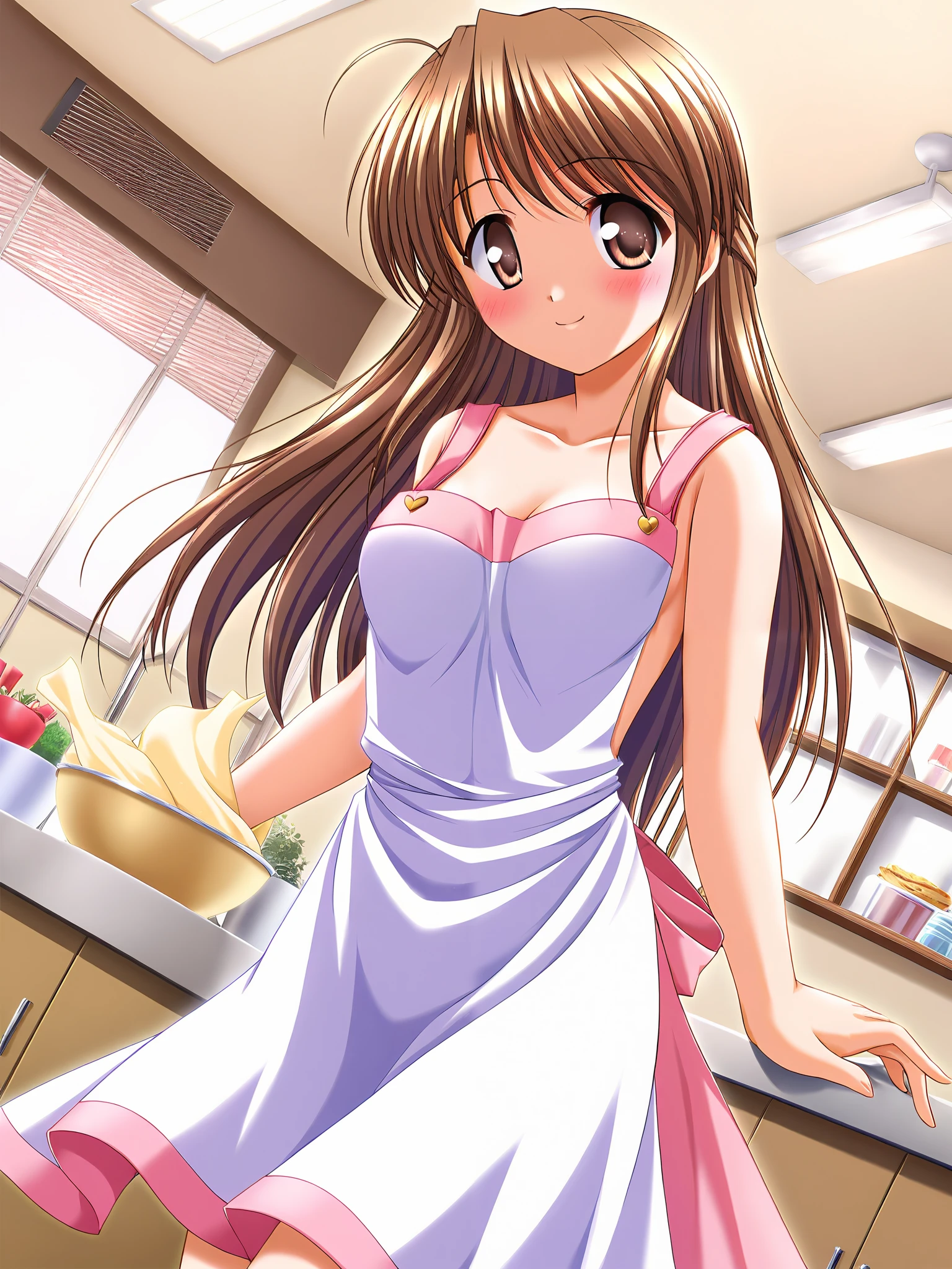 Honami Fujieda, Alone, (cowboy shot), brown eyes, yellow eyes, brown hair , stupid hair, bangs, side lock, long hair, hair bang, single hair bang, small breasts, ( Sexy Apron ), (Baking cookies), (blush:1.2), cleavage, (bright smile:1.2), (kitchen), score_9, score_8_superior, score_7_superior, source_anime, (best quality:1.2), 細部までこだわったanime, high quality , full color, 8k, high resolution